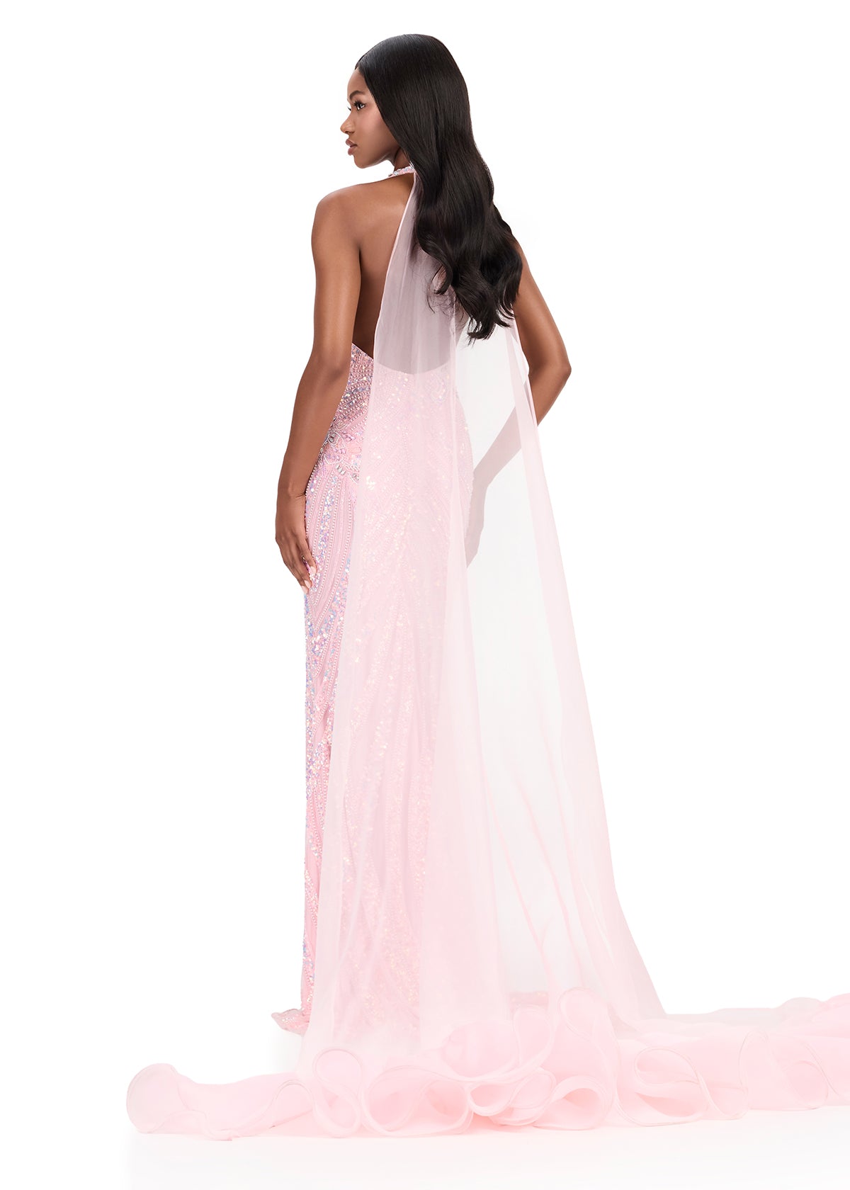 ASHLEYlauren 12293 | Ice Pink organza cape with soft cascading ruffle hem for a feminine dramatic finish. Back