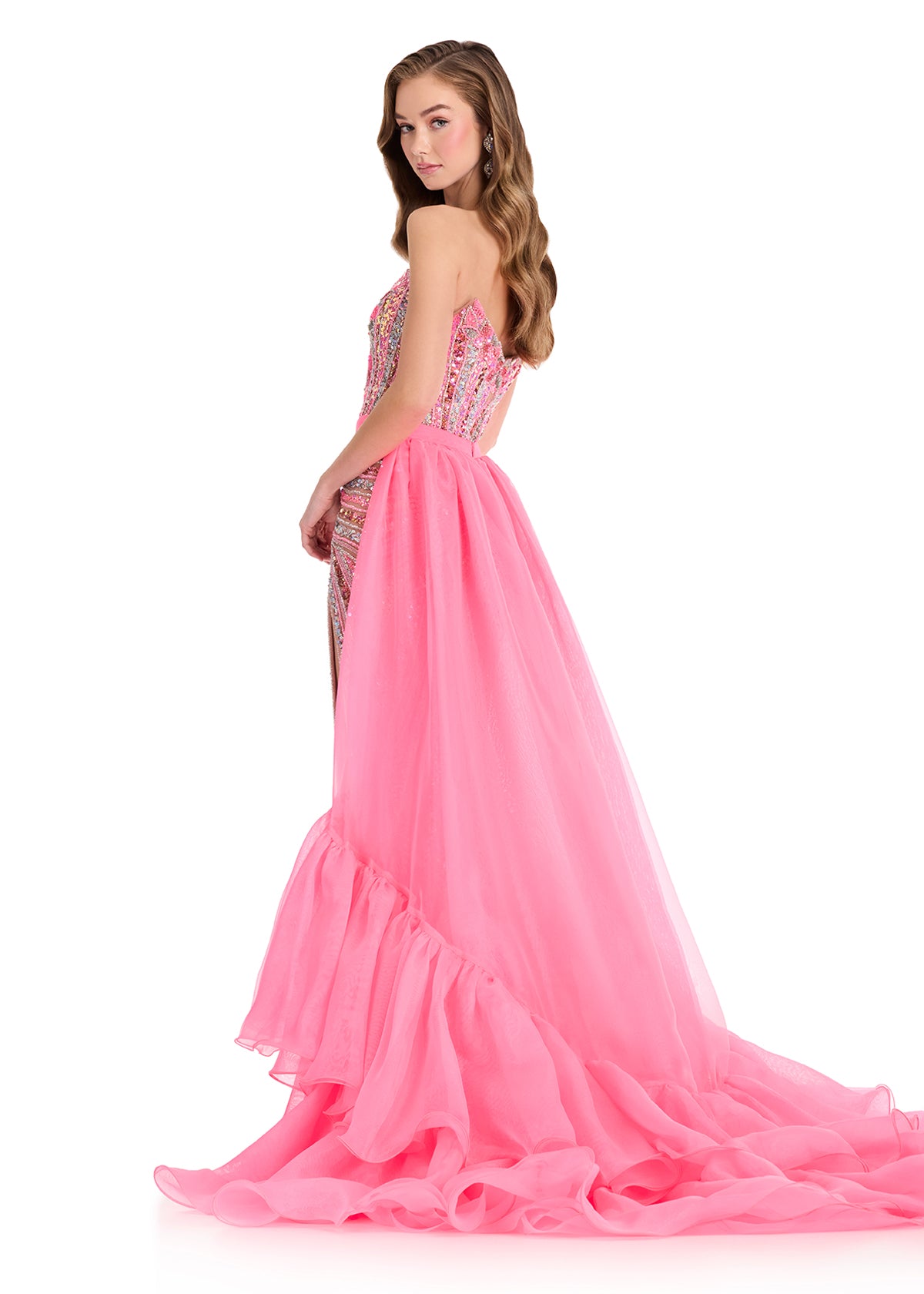 ASHLEYlauren 12293 | Hot-Pink sheer organza cape with cascading ruffled hem and lightweight flowing silhouette for pageant entrances