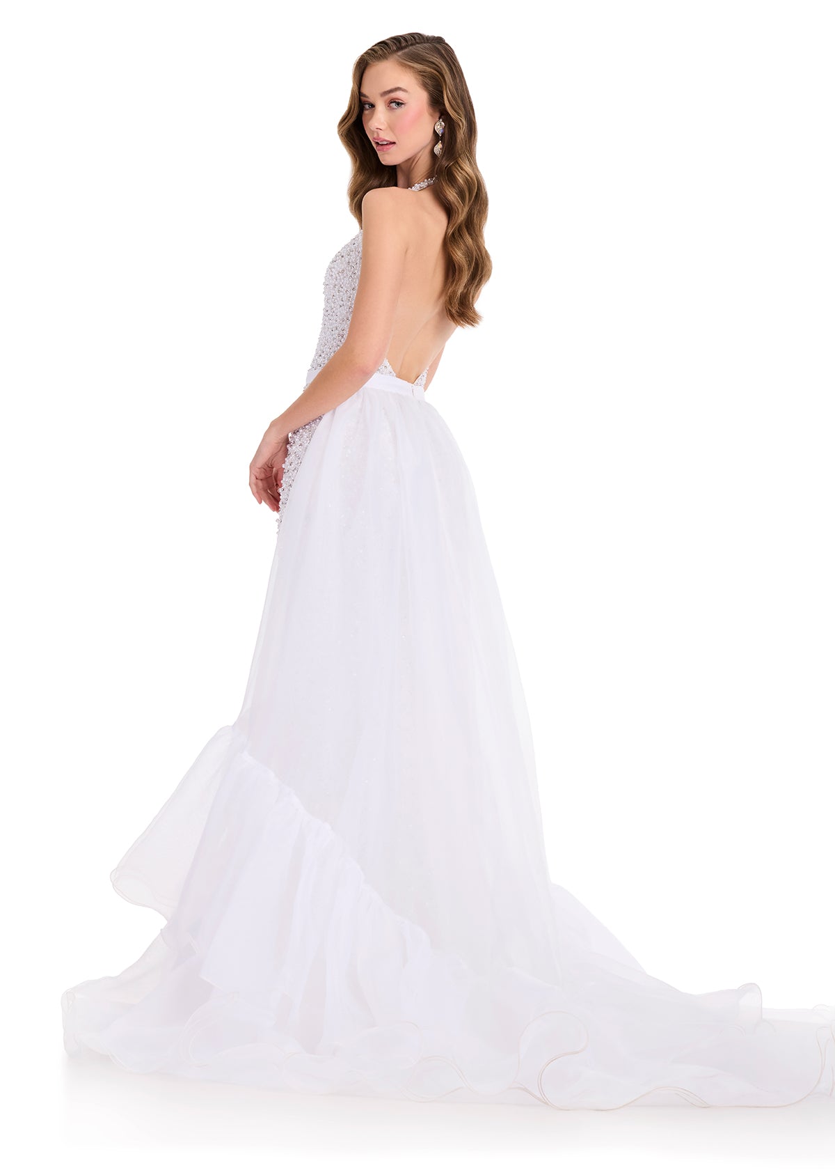 ASHLEYlauren 12293 | Ivory sheer organza cape with bold ruffled hem and flowing silhouette for elegant pageant styling
