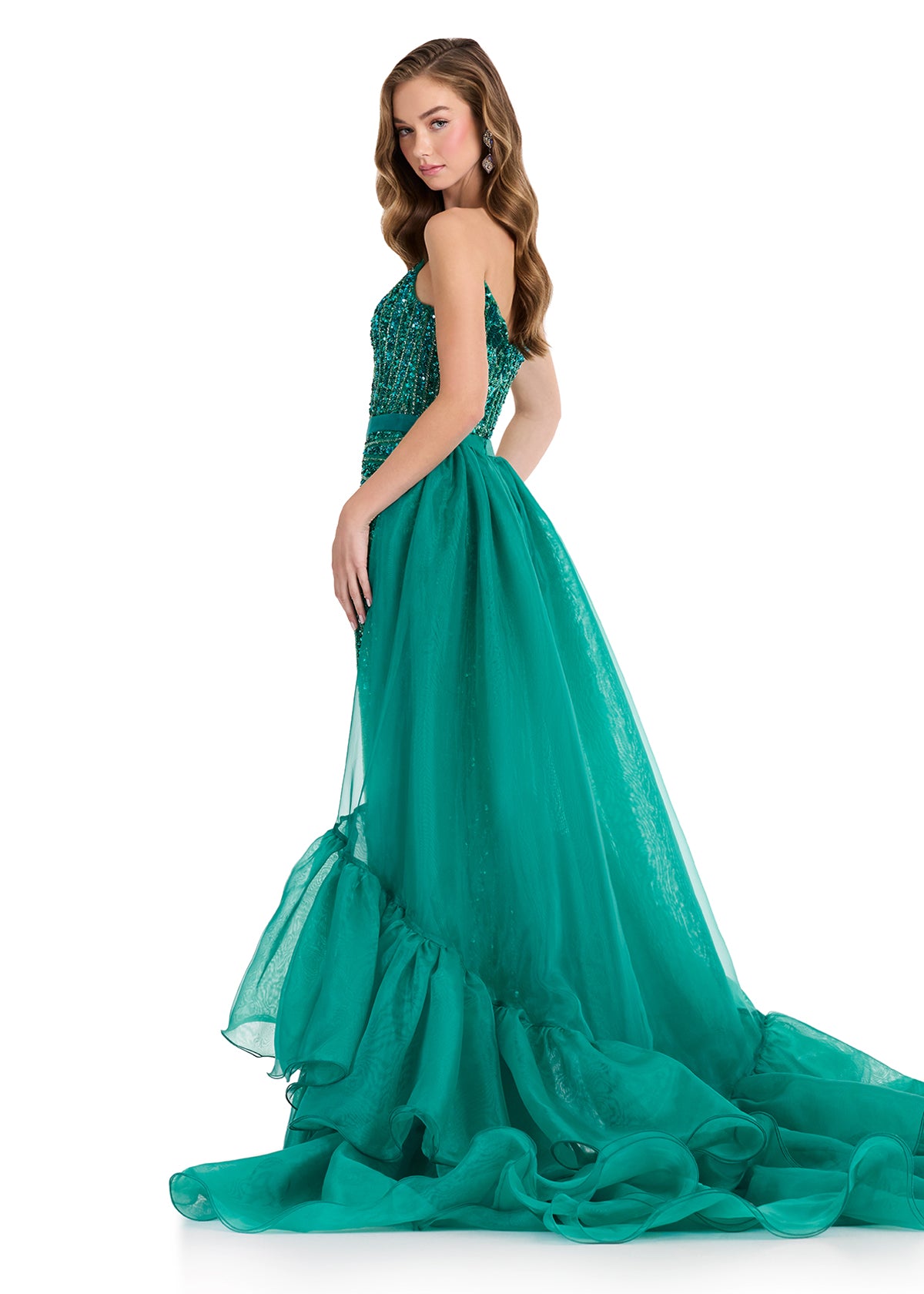 ASHLEYlauren 12293 | Jade organza cape featuring voluminous ruffle trim and lightweight movement for standout prom styling