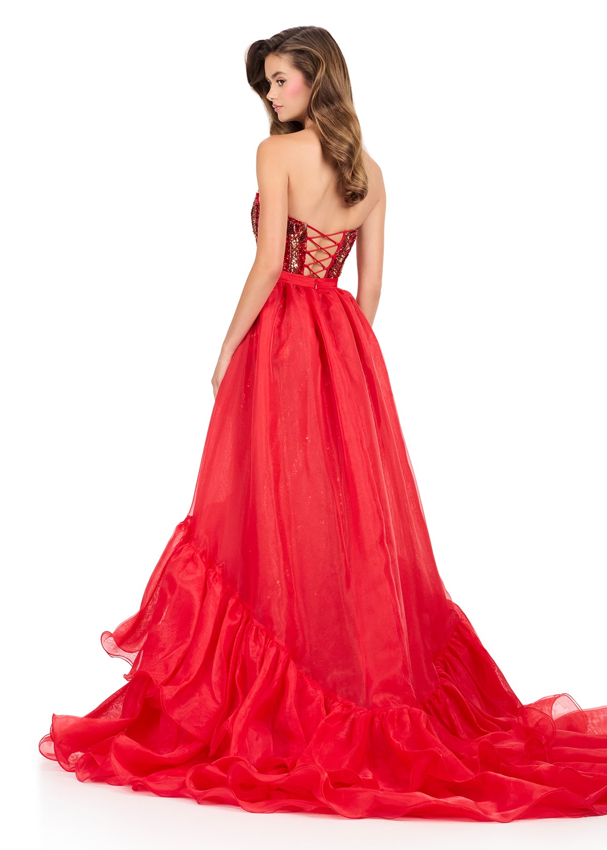 ASHLEYlauren 12295 | Red tiered organza overskirt with cascading layered ruffles and statement train for bold pageant-ready drama. Back