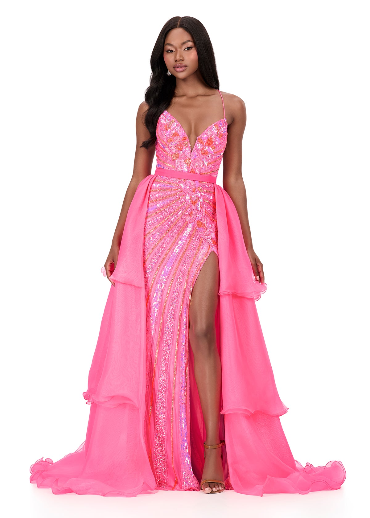 ASHLEYlauren 12295 | Hot Pink layered organza overskirt with cascading tiers and flowing train designed to elevate any fitted or short dress