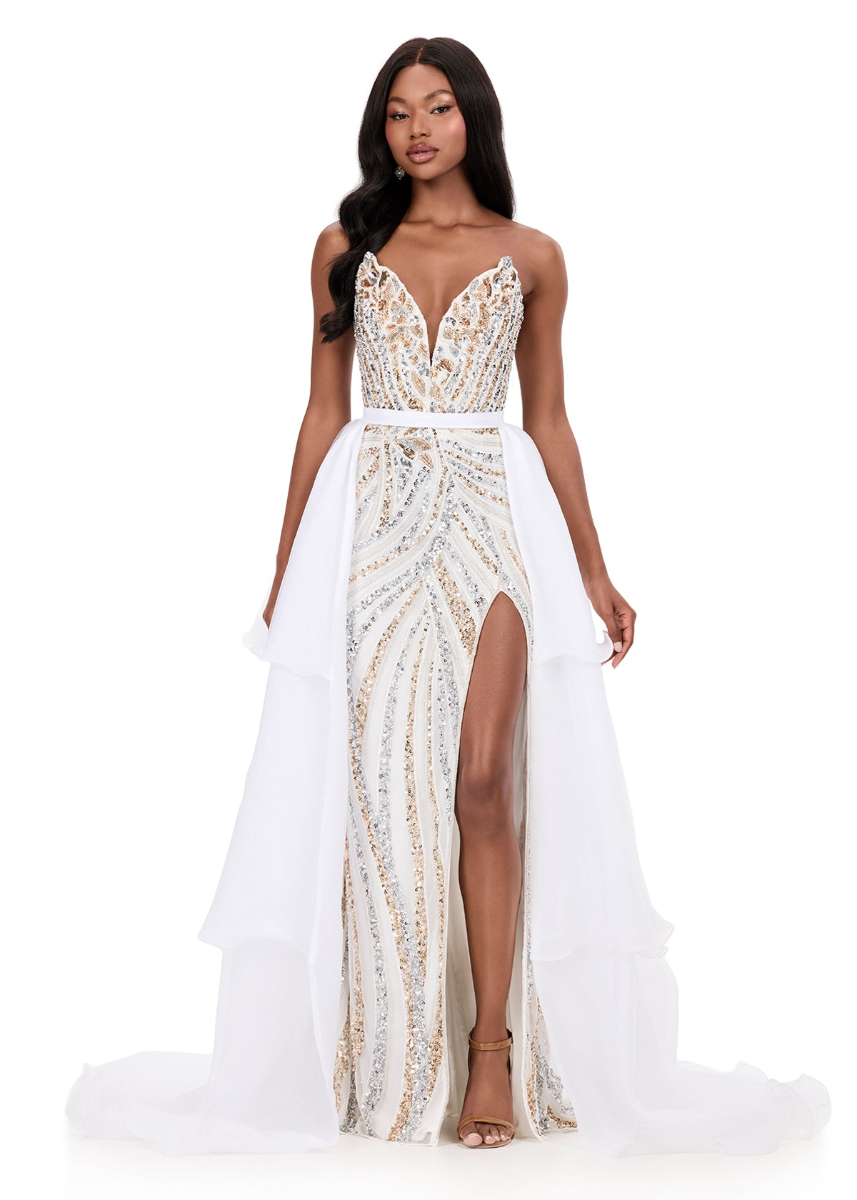 ASHLEYlauren 12295 | Ivory organza ruffle overskirt featuring layered tiers and a sweeping train, perfect for elevating any ASHLEYlauren look.