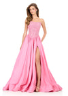 ASHLEYlauren 12298 | Candy-Pink evening gown with strapless neckline, sparkling beaded bodice, and voluminous taffeta skirt