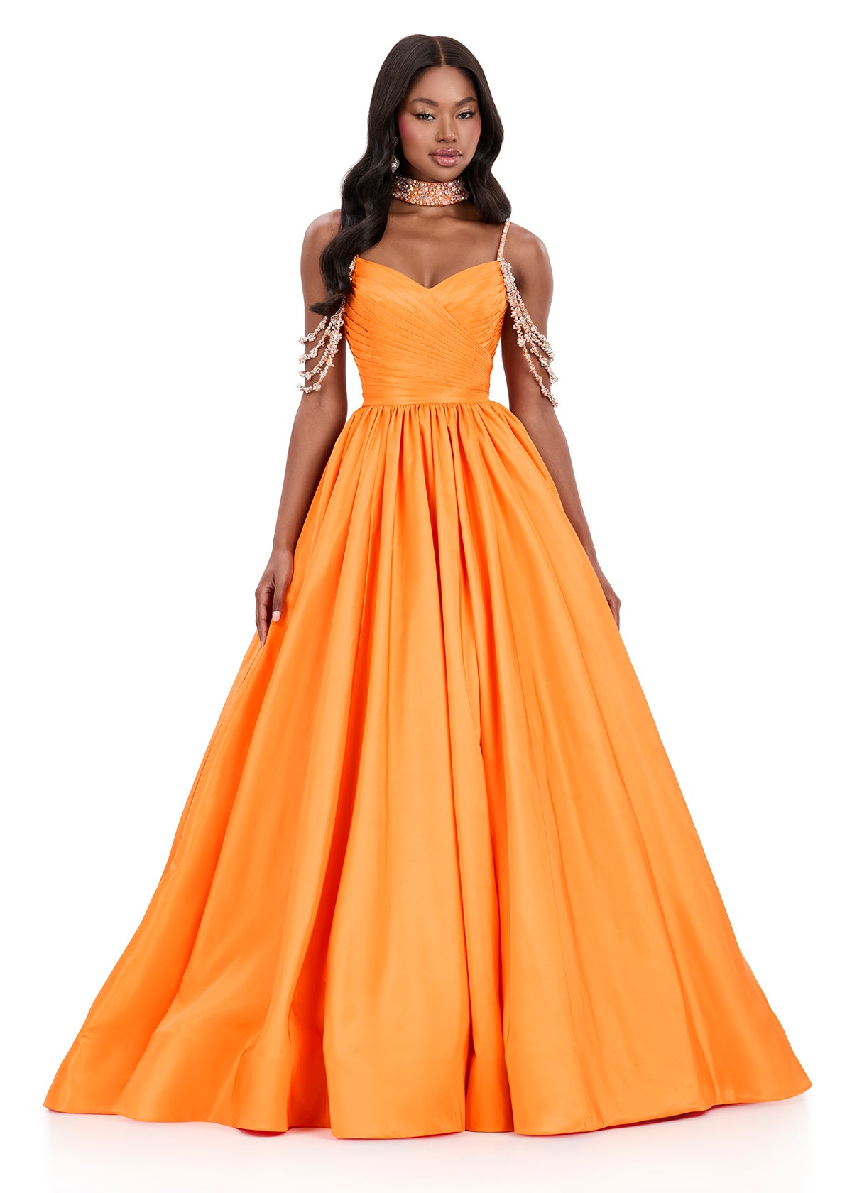 ASHLEYlauren 12300 | Orange evening ball gown with structured taffeta skirt, sparkling strap embellishment, and elegant sweetheart bodice