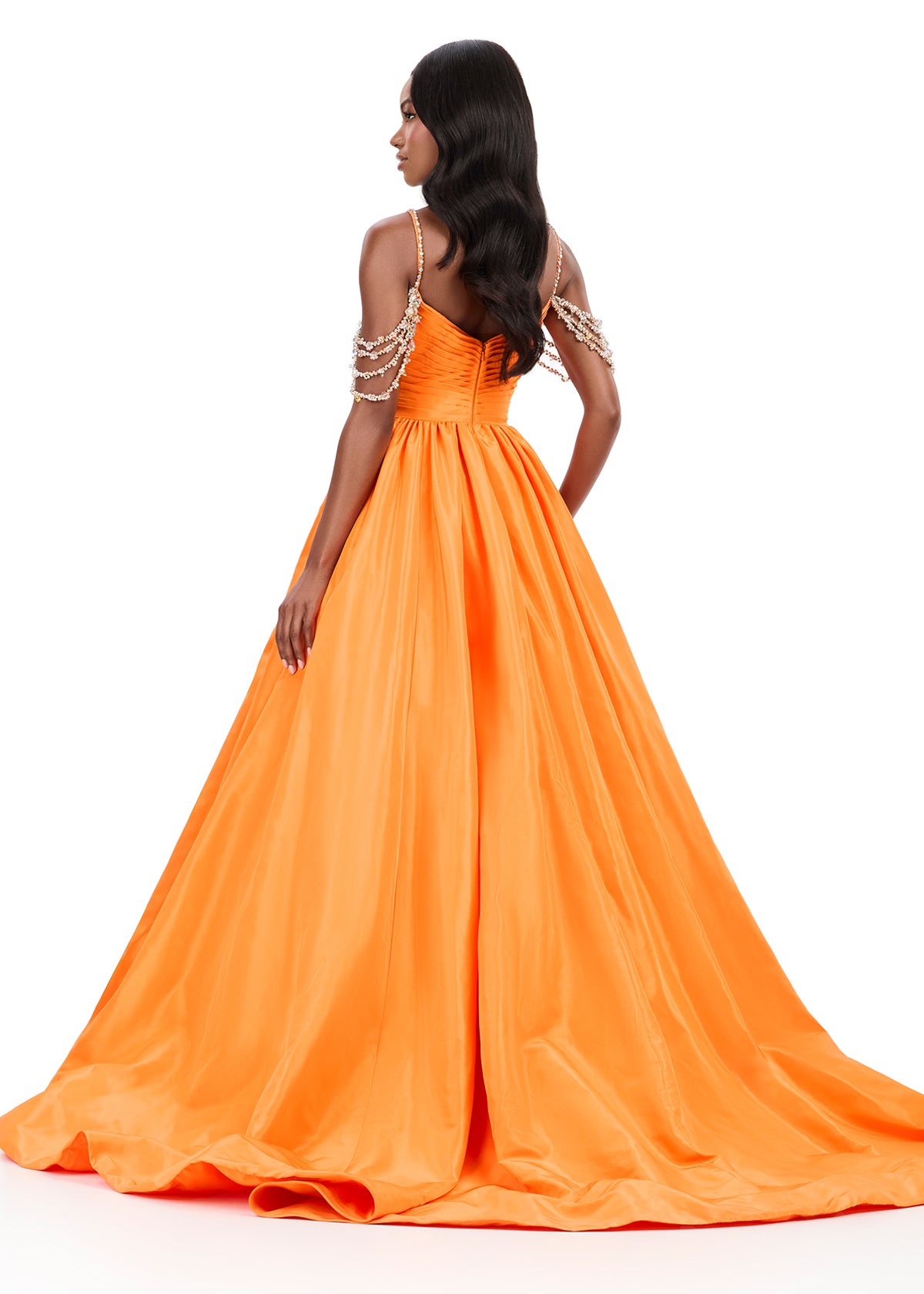 ASHLEYlauren 12300 | Orange taffeta ball gown featuring a sweetheart neckline, embellished straps, beaded collar accent, and dramatic sweeping train