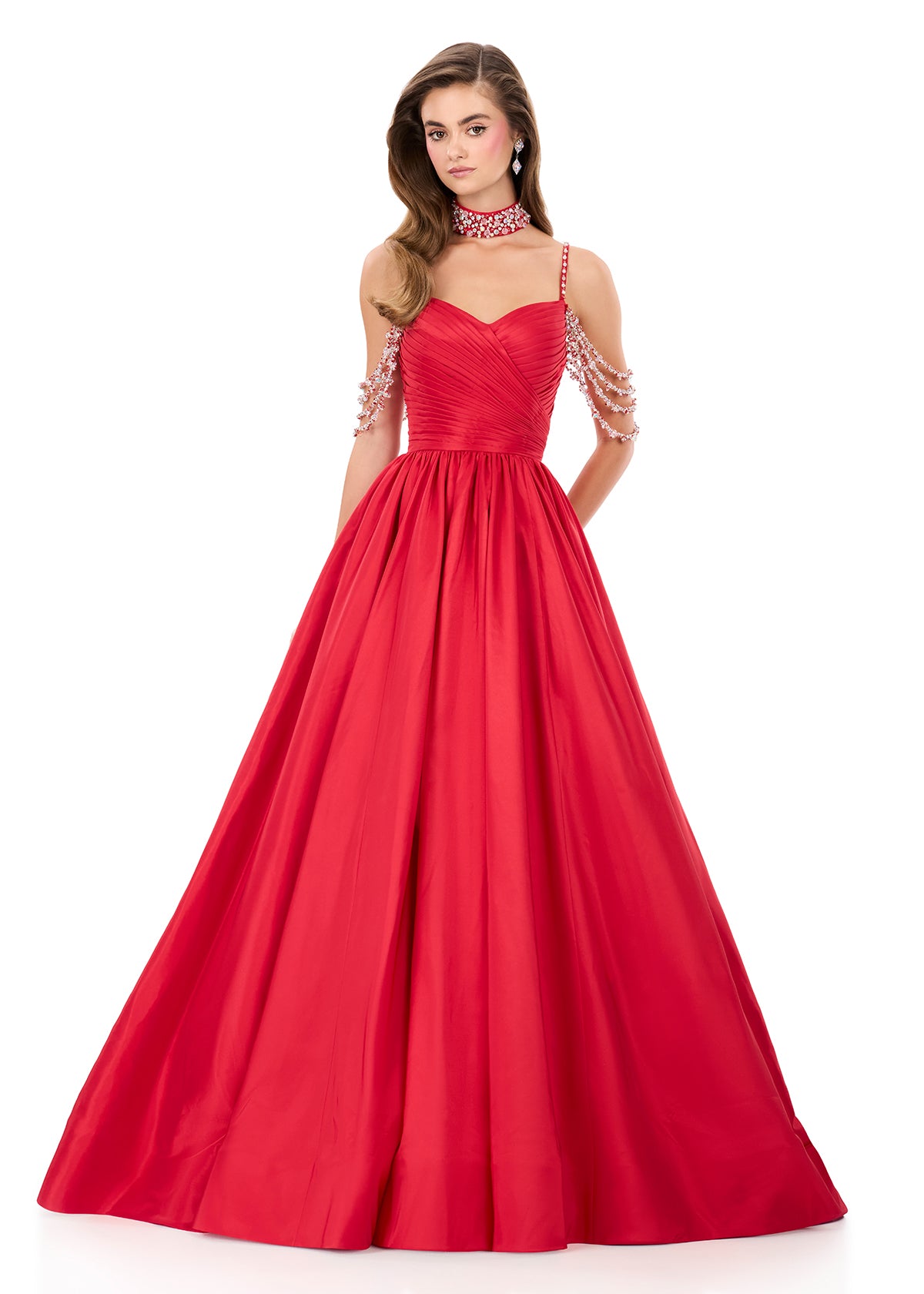 ASHLEYlauren 12300 | Red strapless taffeta ball gown with sparkling embellished straps, beaded collar detail, and voluminous skirt for a striking formal entrance