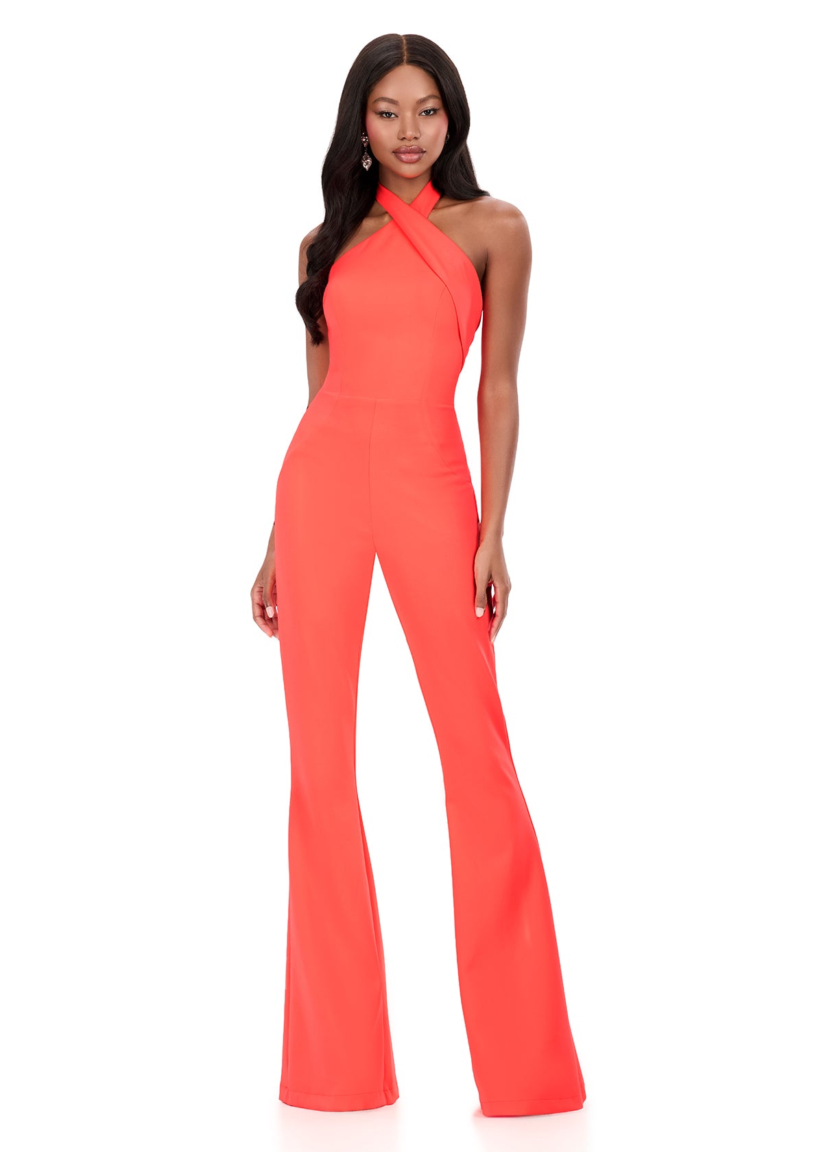 ASHLEYlauren 12302 | Neon-Orange halter neck scuba jumpsuit with fitted bodice and modern flared legs for statement styling