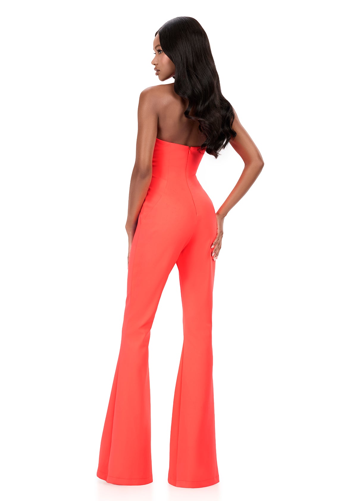 ASHLEYlauren 12302 | Neon-Orange scuba jumpsuit featuring crossover halter neckline and sleek flared pant silhouette