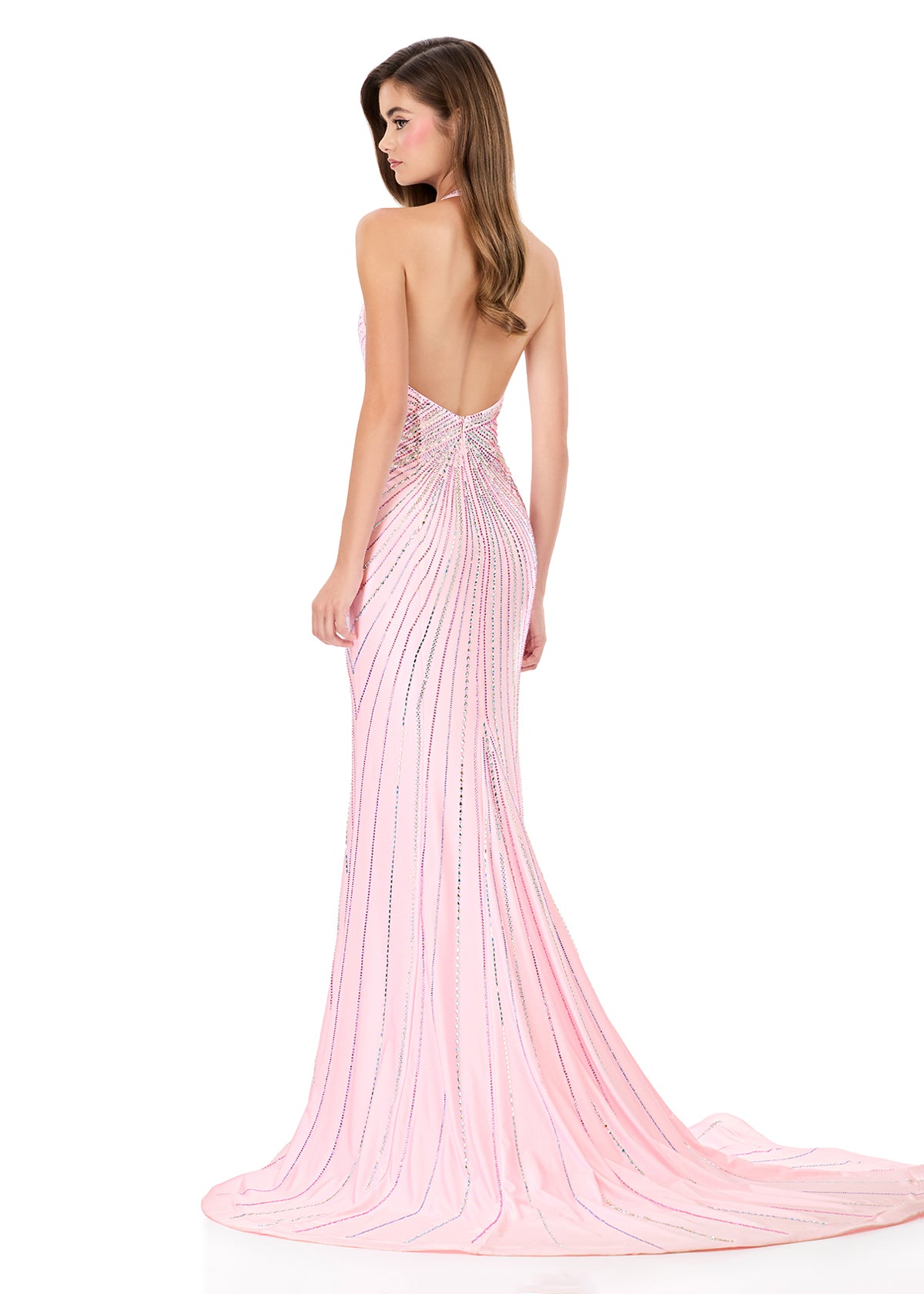 ASHLEYlauren 12327 | Ice-Pink beaded jersey gown featuring radiant beadwork, open back, and sweeping train for glamorous evening styling