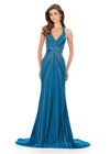 ASHLEYlauren 12327 | Peacock beaded gown featuring sculpted jersey fit, open back silhouette, and dramatic mermaid style train
