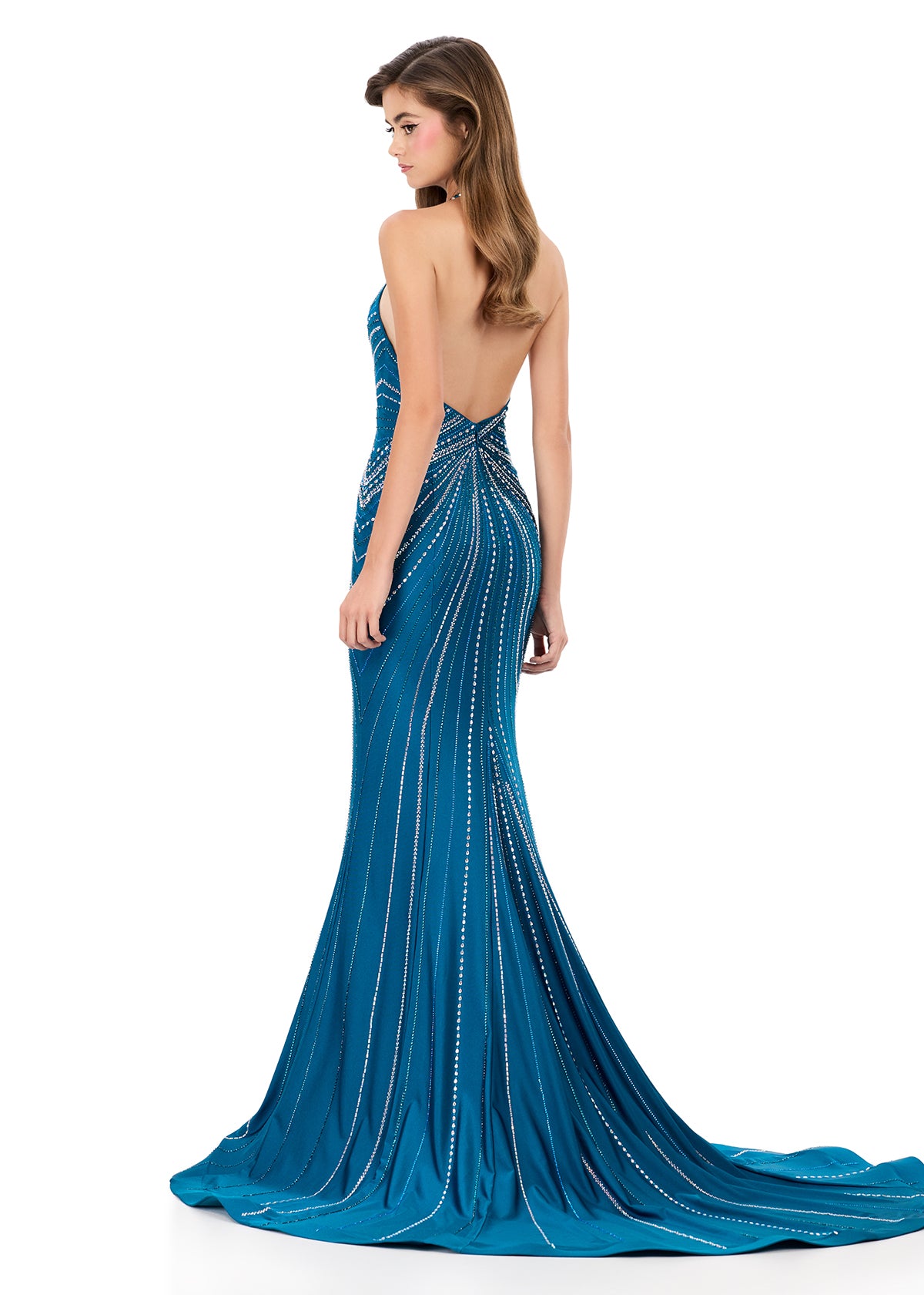 ASHLEYlauren 12327 | Peacock beaded jersey gown with radiant bead design, open back, and sweeping train for striking evening glamour