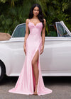 ASHLEYlauren 12357 | Pink fully pearl embellished gown with lace-up back, sculpted waist, and elegant train

