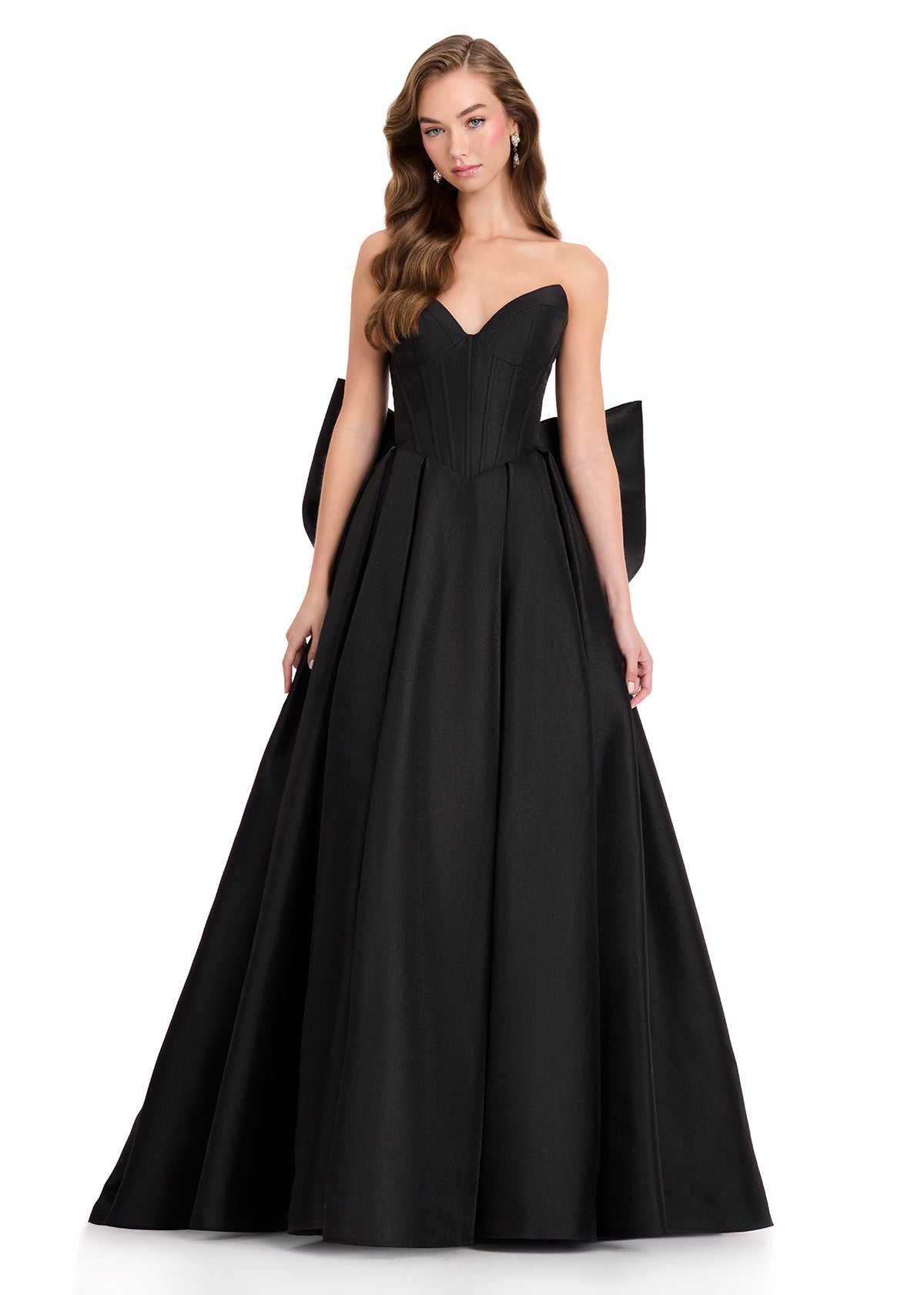 ASHLEYlauren 12387 Gown | Black flattering waist accentuating Mikado prom dress with sweetheart neckline and back statement bow