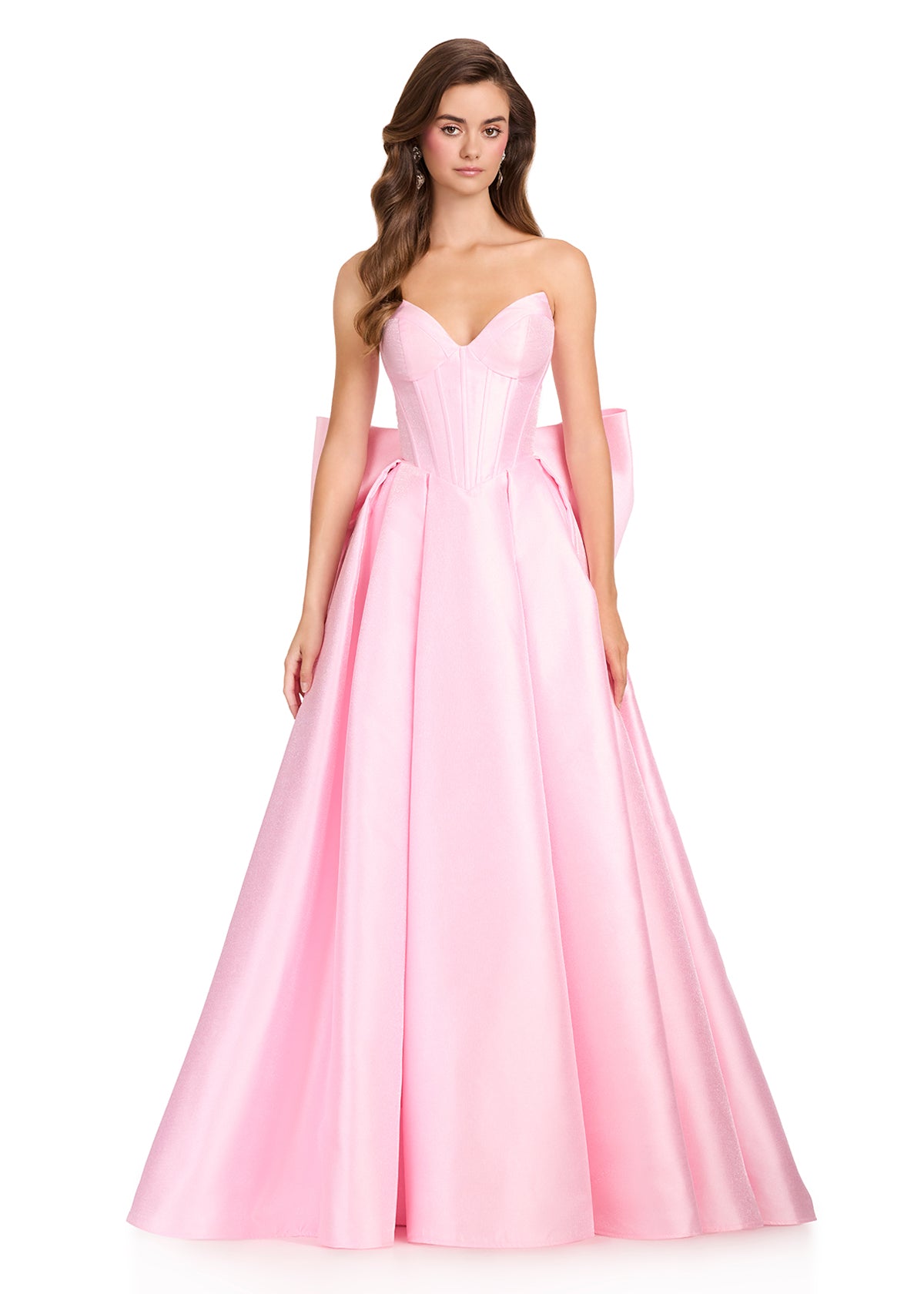 ASHLEYlauren 12387 Gown | Ice Pink  glamorous prom dress with strapless deep plunge sweetheart neckline and statement bow on back of the waist