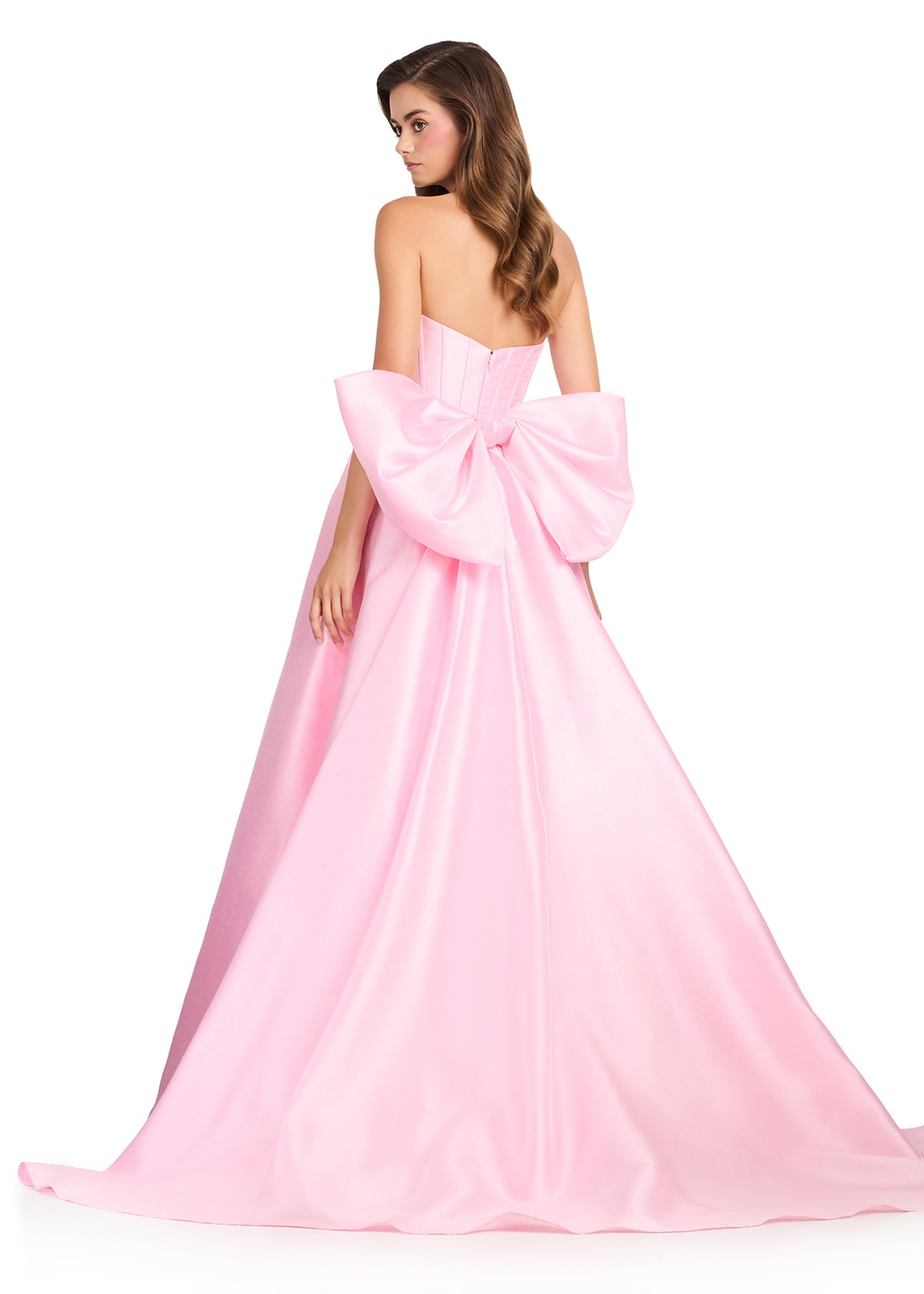ASHLEYlauren 12387 Gown | Ice Pink flattering waist accentuating prom dress with sweetheart neckline and back statement bow