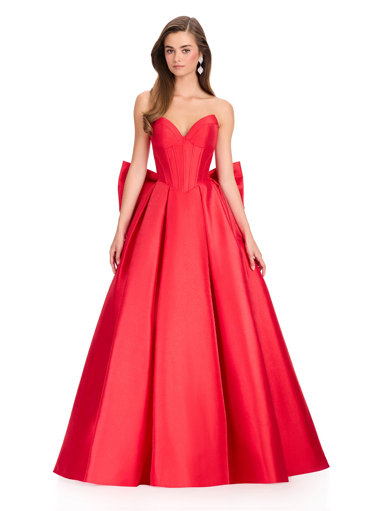 ASHLEYlauren 12387 Gown | Red beautiful prom dress with strapless sweetheart neckline and statement bow