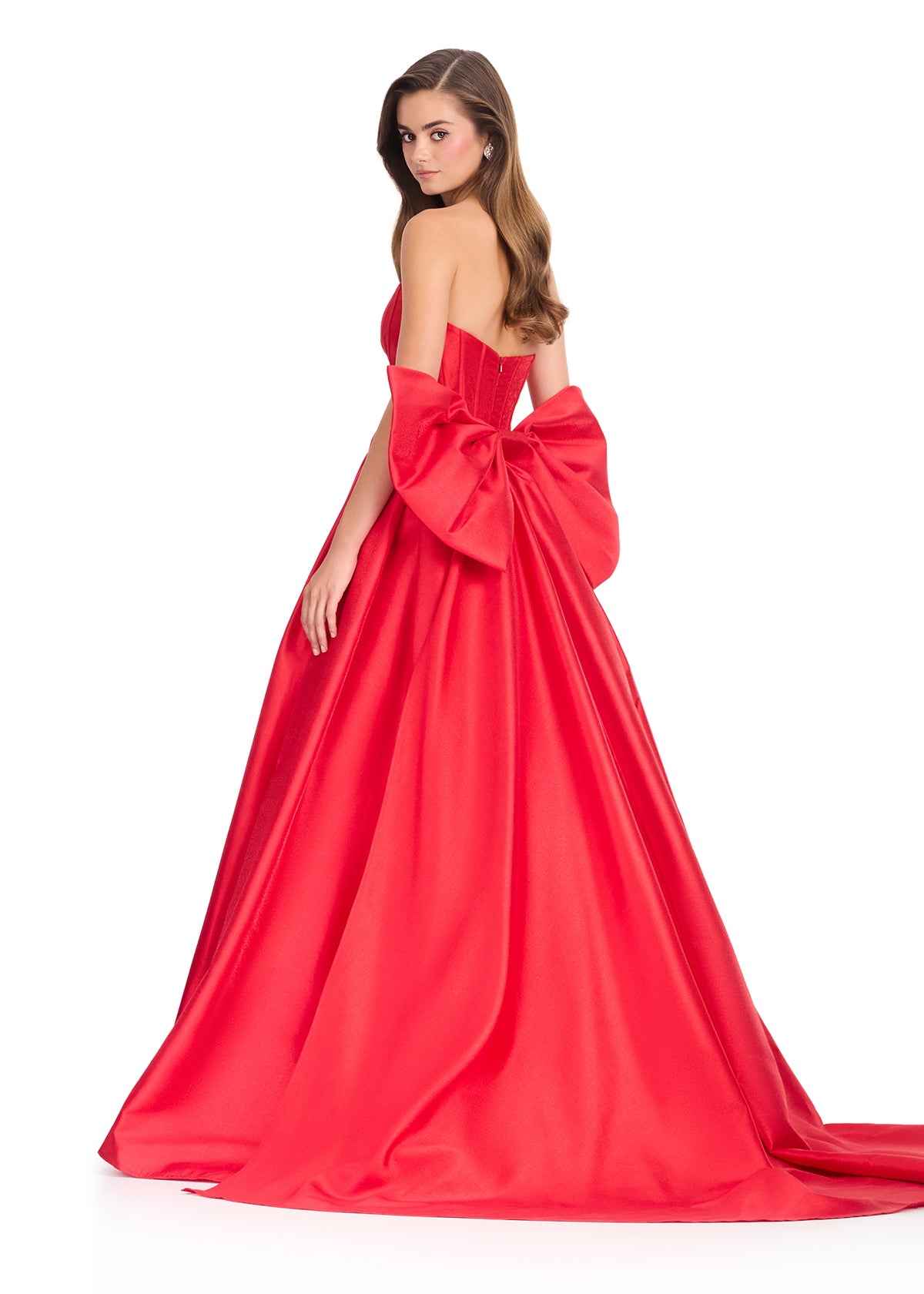 ASHLEYlauren 12387 Gown | Red  glamorous mikado prom dress with strapless deep plunge sweetheart neckline and back of the waist statement bow