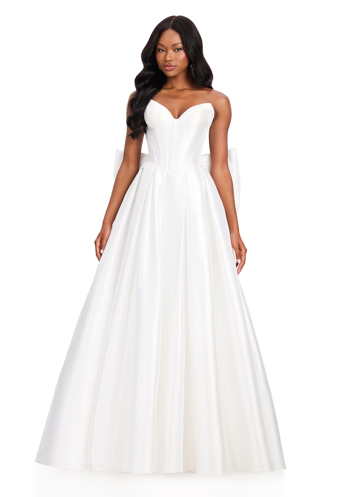 ASHLEYlauren 12387 Gown | White flattering waist accentuating prom dress with sweetheart neckline and back statement bow