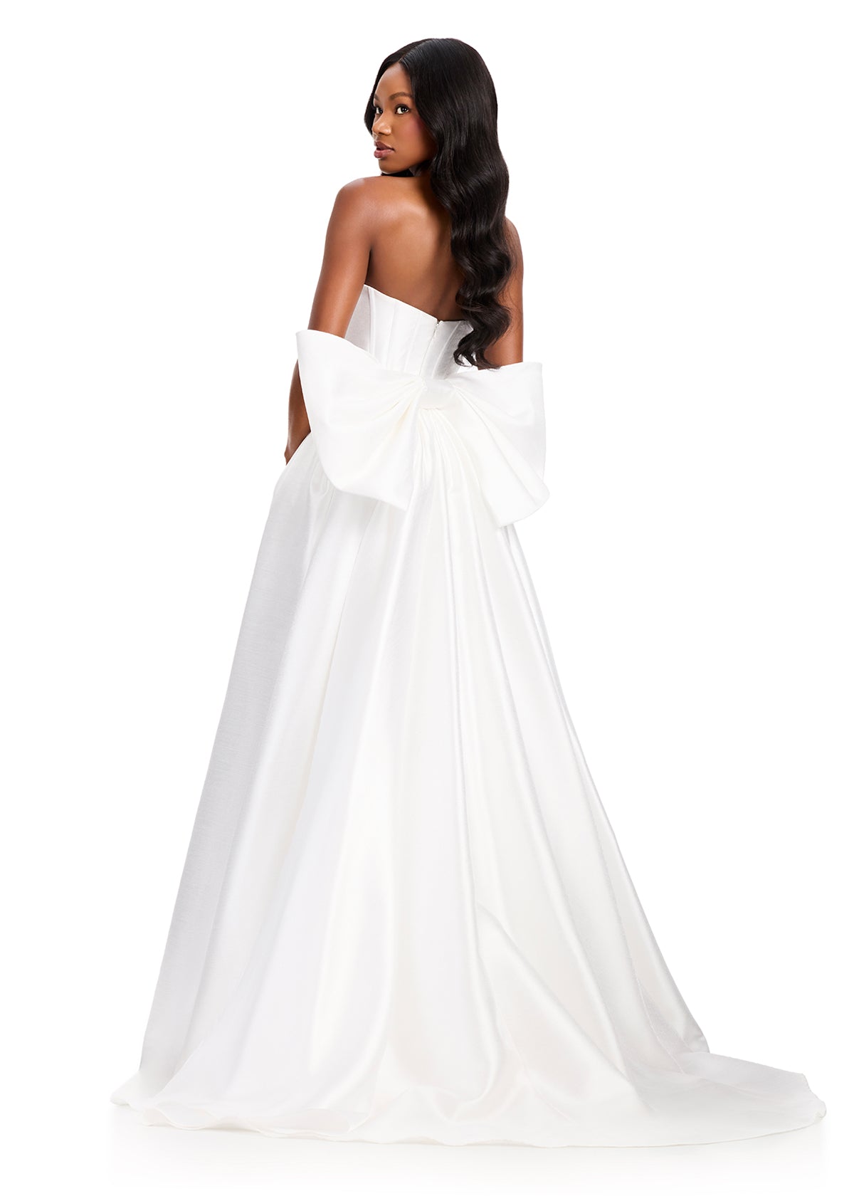 ASHLEYlauren 12387 Gown | White  glamorous prom dress with strapless deep plunge sweetheart neckline and back of the waist statement bow