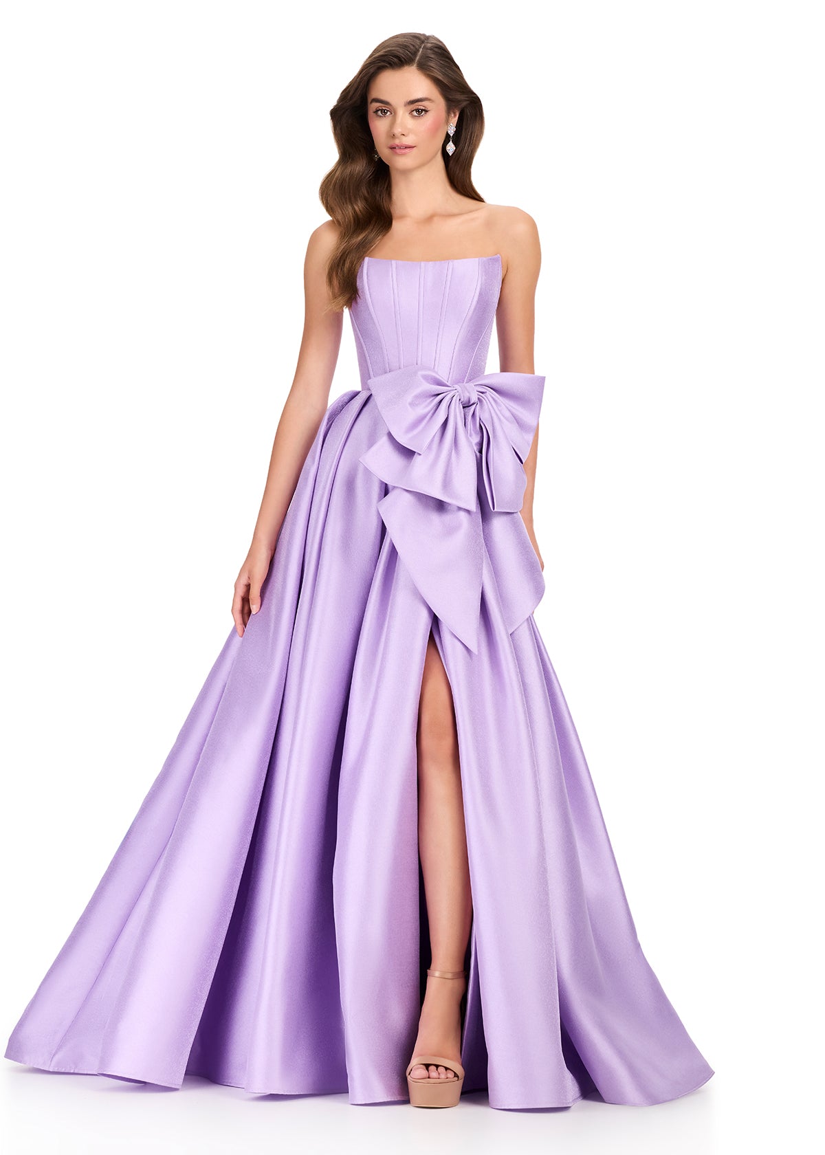 ASHLEYlauren 12388 Gown | Orchid flattering strapless corset Mikado prom dress with statement waist bow and small train