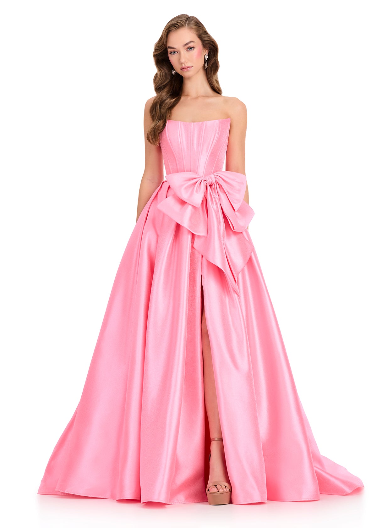ASHLEYlauren 12388 Gown | Pink glamorous mikado prom dress with strapless corset and statement bow at waist