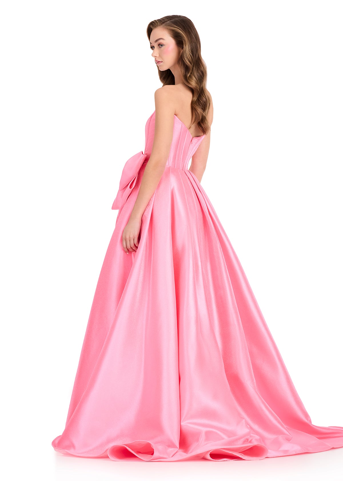 ASHLEYlauren 12388 Gown | Pink flattering strapless corset Mikado prom dress with statement waist bow and small train