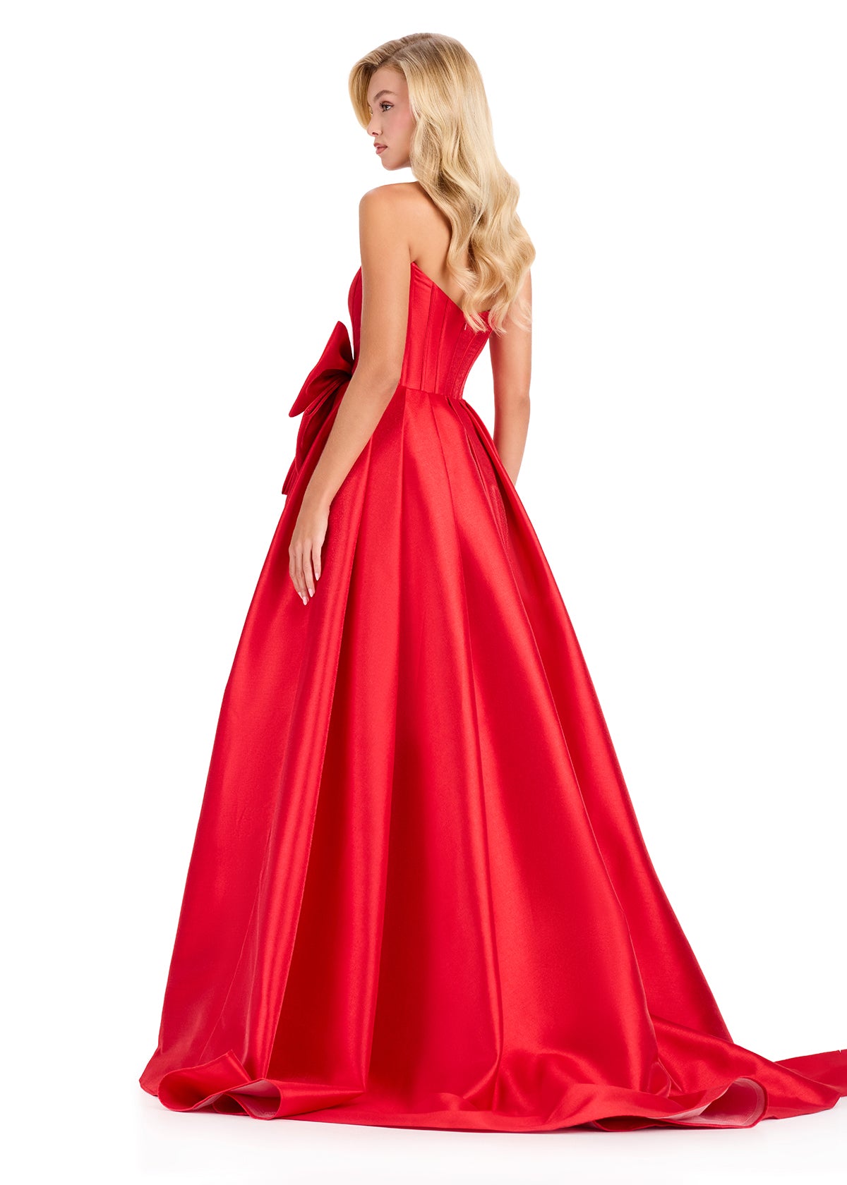 ASHLEYlauren 12388 Gown | Red glamorous mikado prom dress with strapless corset and statement bow at waist