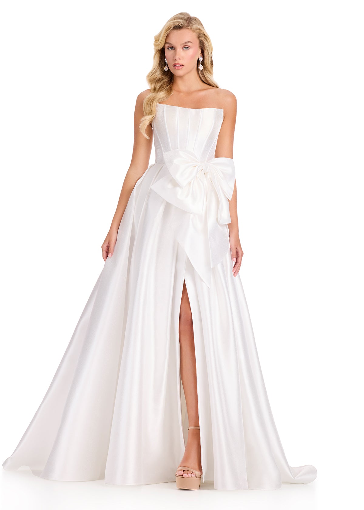ASHLEYlauren 12388 Gown | White flattering strapless corset Mikado prom dress with statement waist bow and small train