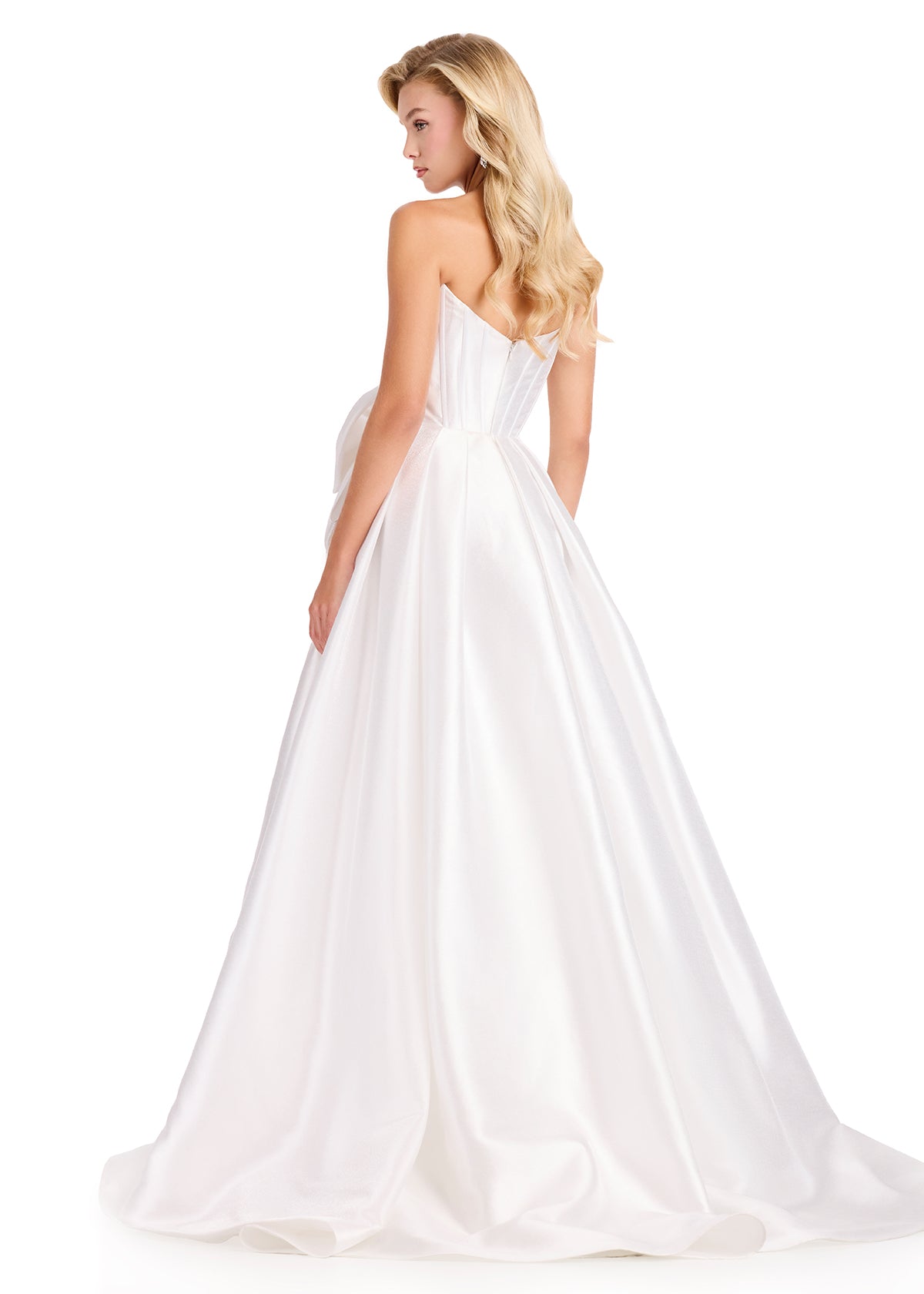 ASHLEYlauren 12388 Gown | White glamorous mikado prom dress with strapless corset and statement bow at waist