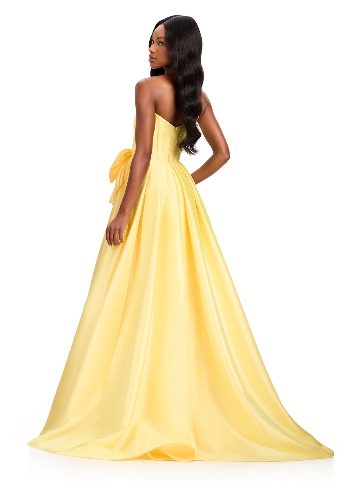 ASHLEYlauren 12388 Gown | Yellow flattering strapless corset prom dress with statement waist bow and small train