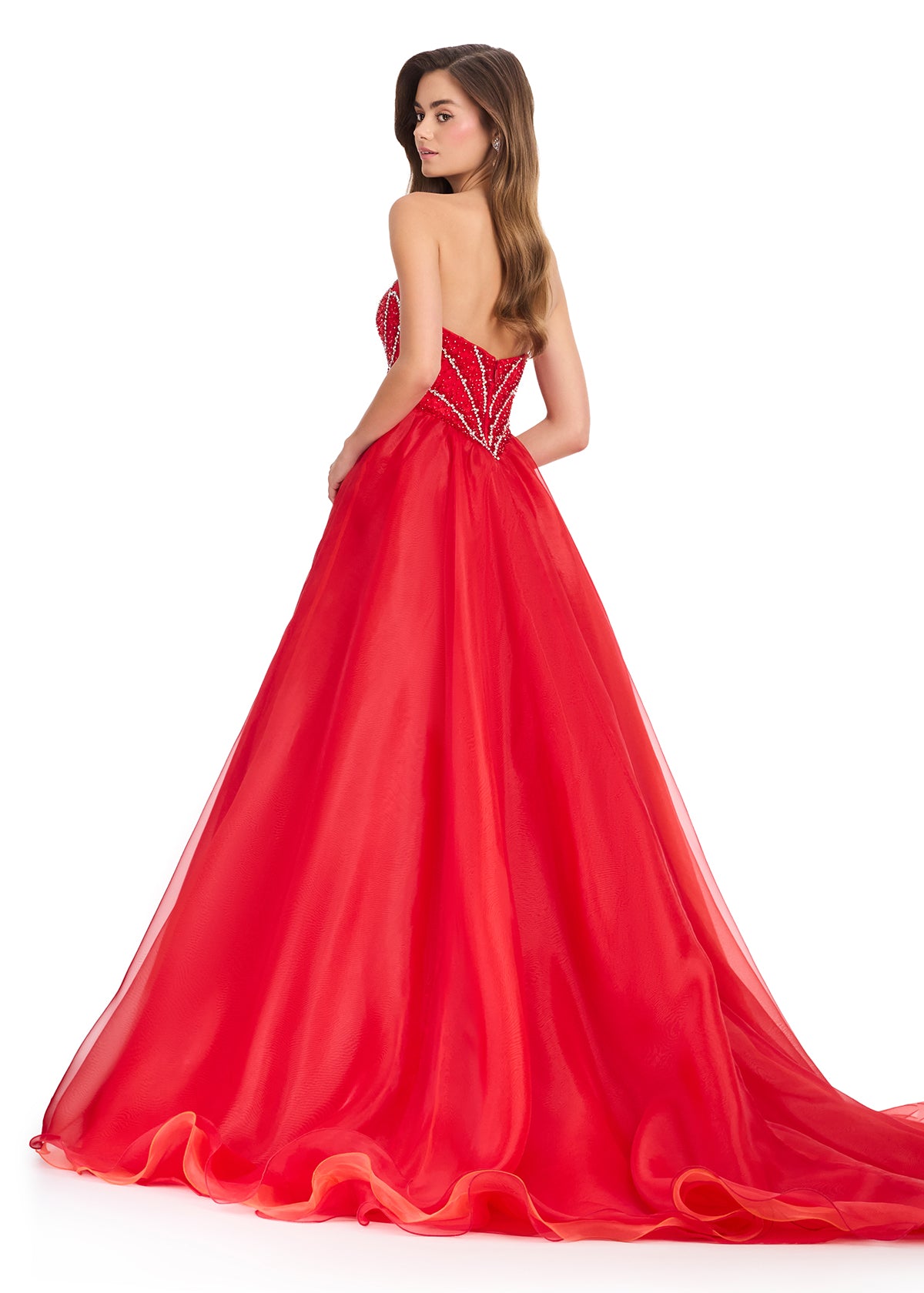 ASHLEYlauren 12389 Gown | Red glamorous beaded strapless corset with organza ballgown skirt prom dress