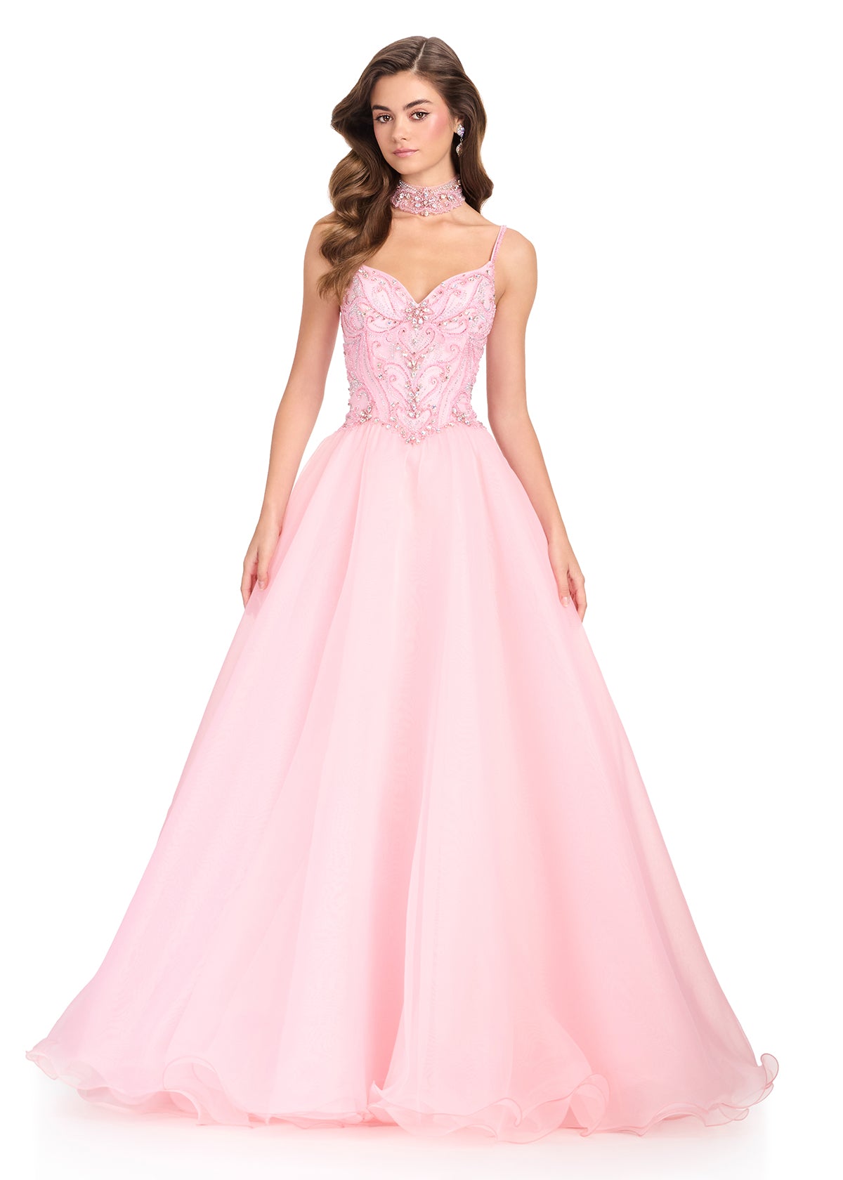 ASHLEYlauren 12390 Gown | Ice Pink detailed beaded sweetheart neckline corset organza prom dress with dramatic skirt