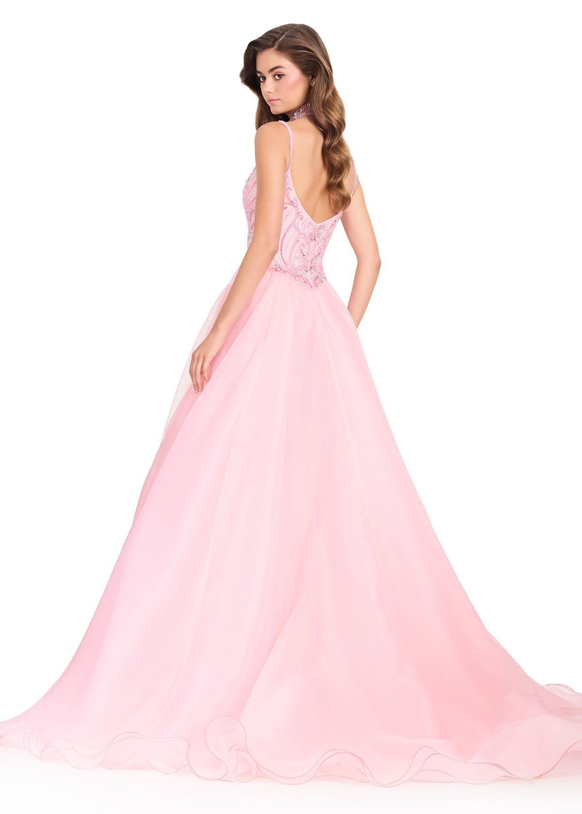 ASHLEYlauren 12390 Gown | Ice Pink glamorous detailed beaded sweetheart neckline corset organza prom dress with dramatic skirt