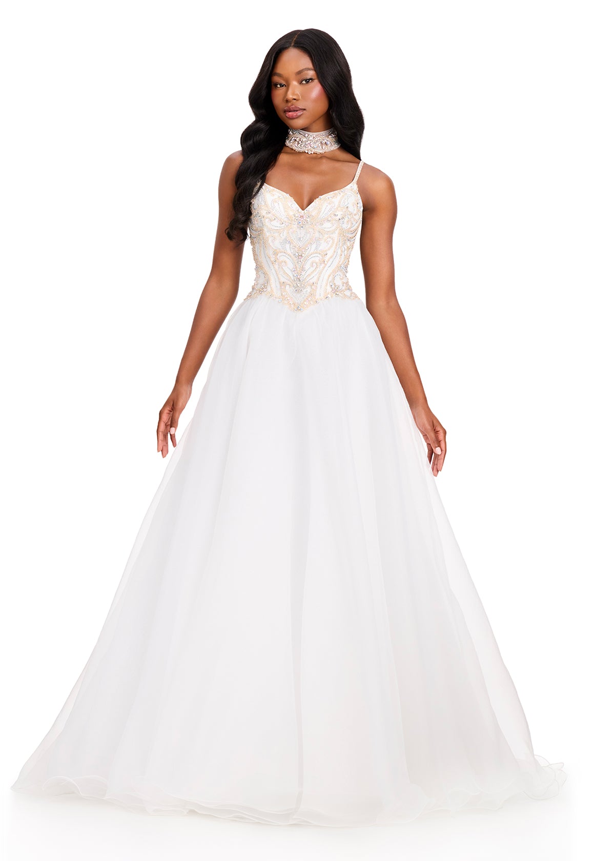 ASHLEYlauren 12390 Gown | Ivory flattering beaded sweetheart neckline corset organza prom dress with dramatic skirt