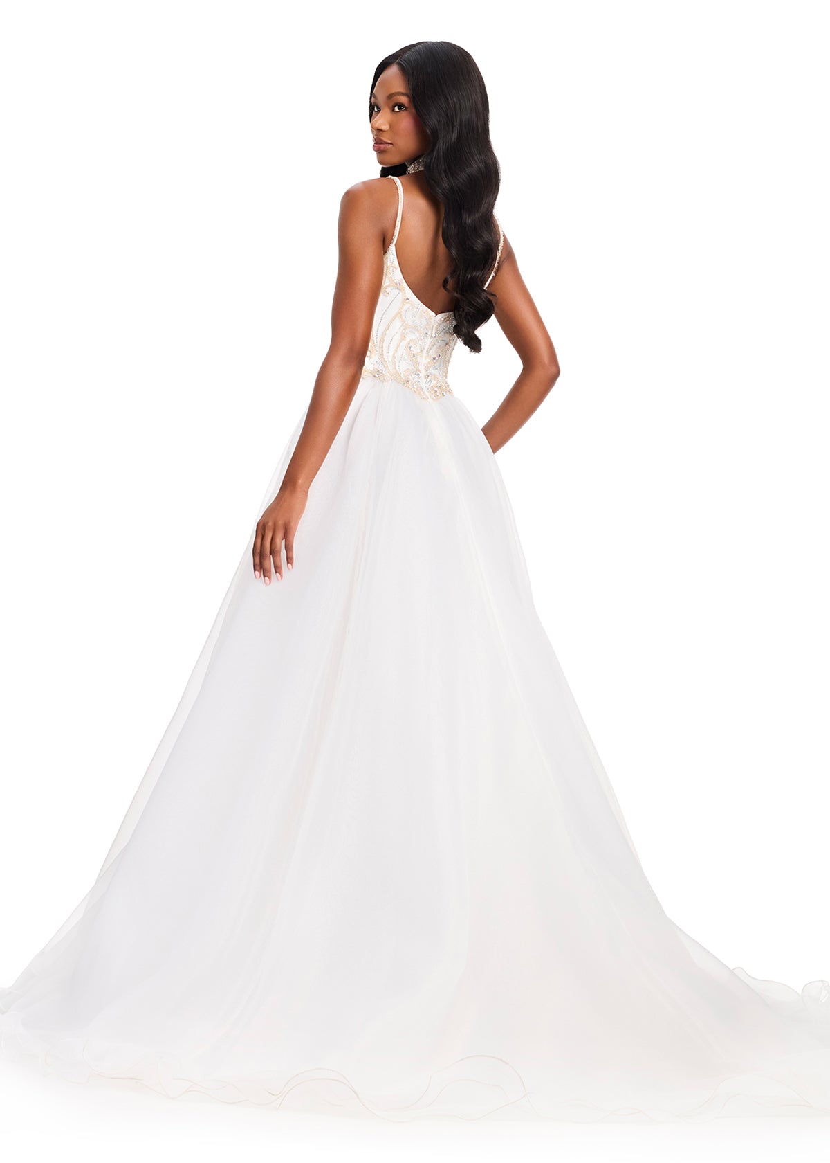 ASHLEYlauren 12390 Gown | Ivory flattering detailed beaded sweetheart neckline corset organza prom dress with dramatic glamorous skirt