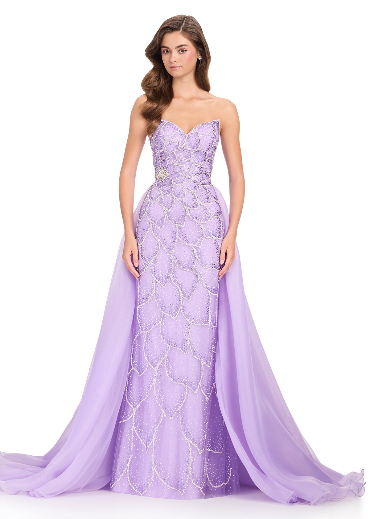 ASHLEYlauren 12391 Gown | Lilac detailed beaded pattern on a strapless sweetheart neckline prom dress with an organza over skirt