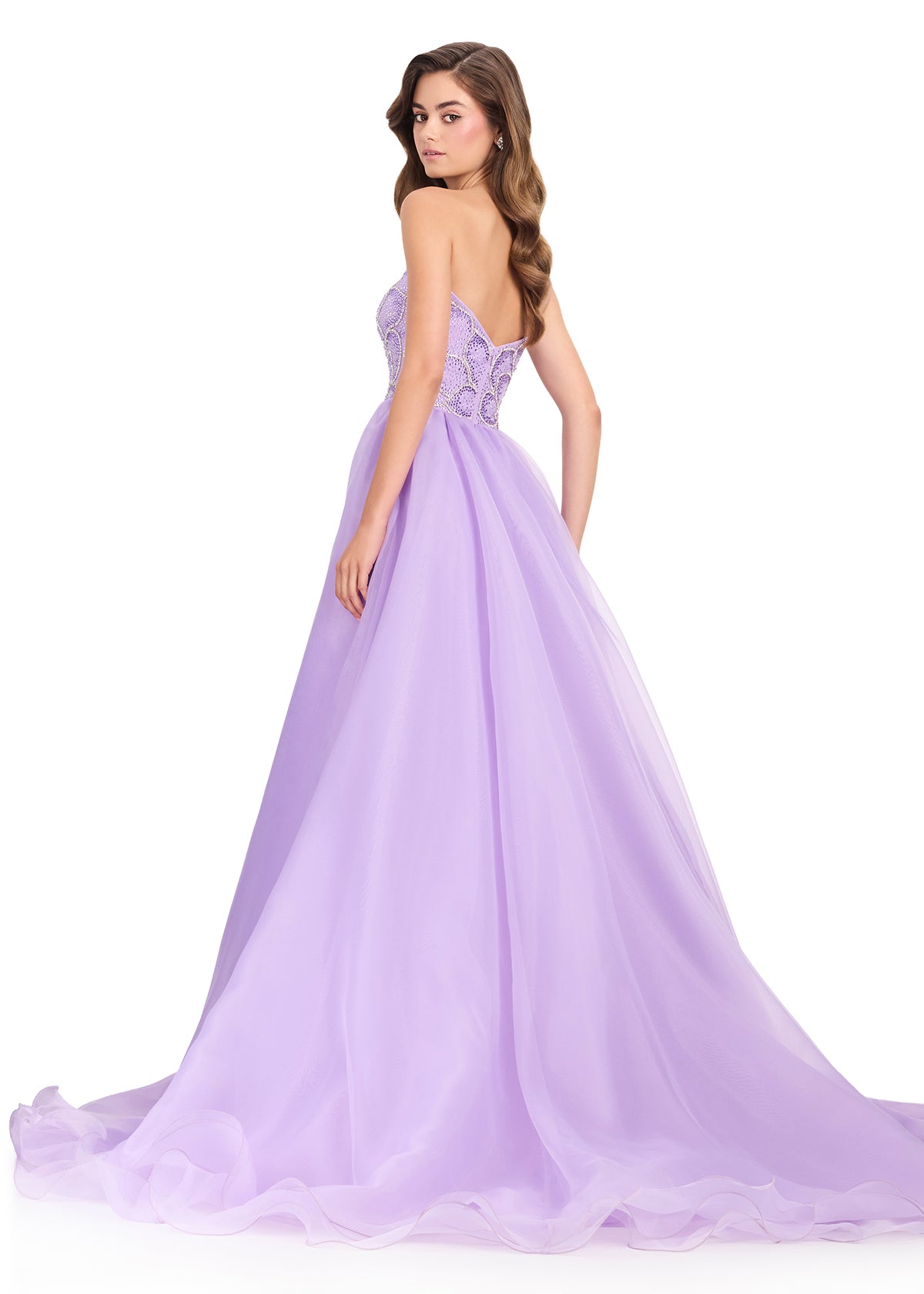 ASHLEYlauren 12391 Gown | Lilac flattering detailed beaded pattern on a strapless sweetheart neckline prom dress with an organza over skirt