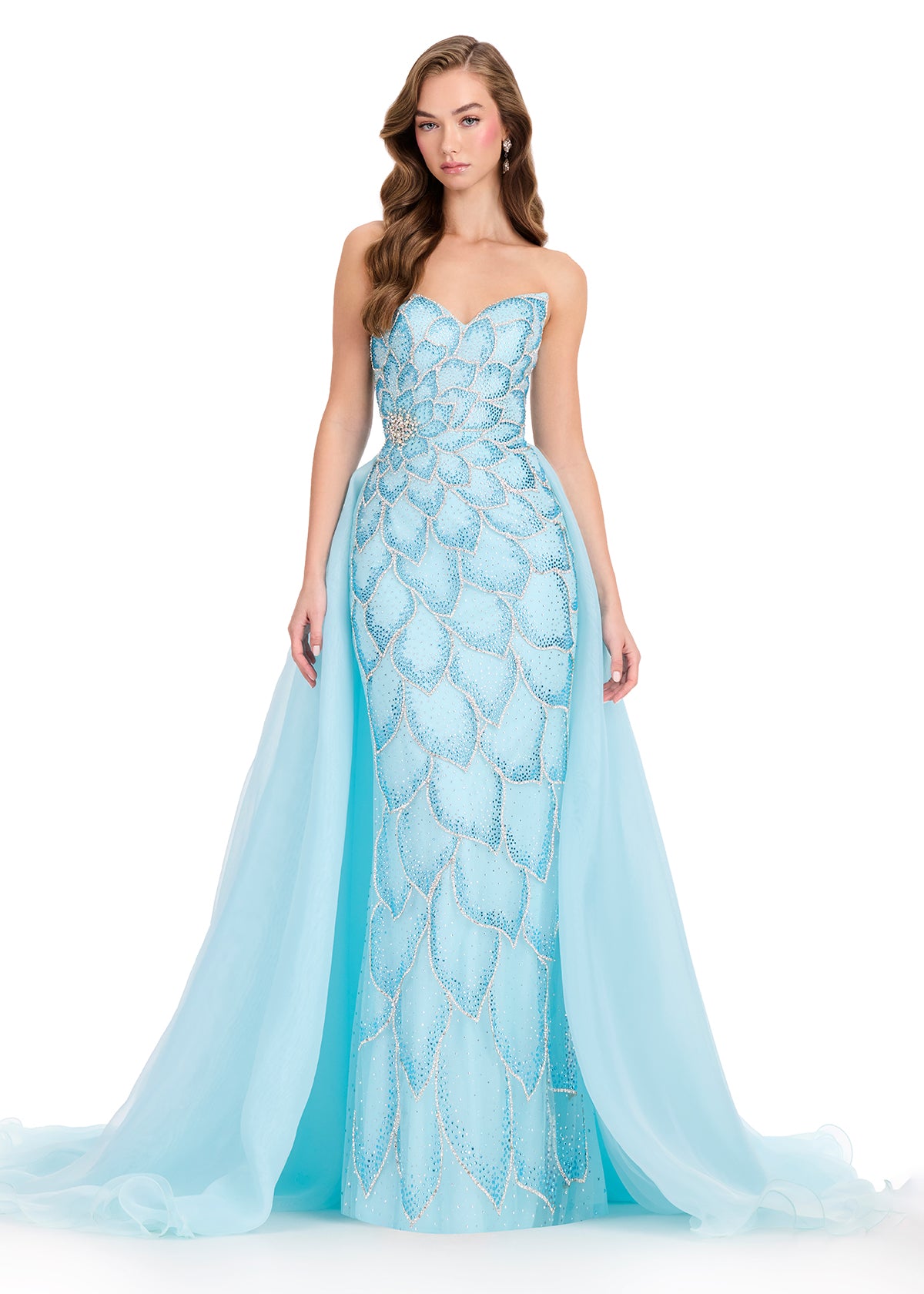 ASHLEYlauren 12391 Gown | Sky detailed beaded strapless sweetheart neckline prom dress with a dramatic organza over skirt