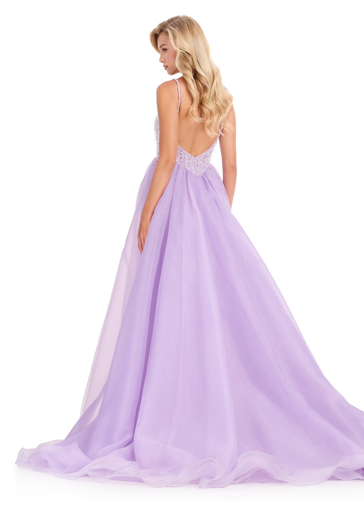 ASHLEYlauren 12392 Gown | Lilac chic beaded fitted prom dress with an open back and organza over skirt