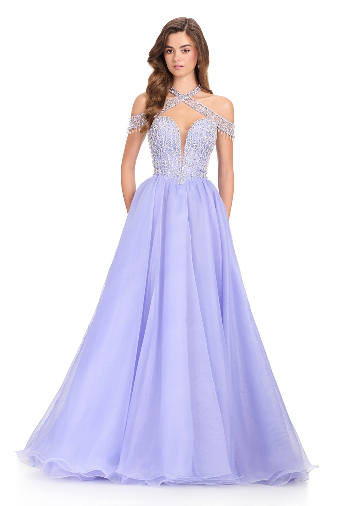 ASHLEYlauren 12393 Gown | Periwinkle dramatic beaded deep plunge cross neck off shoulder strap prom dress with organza ballgown skirt