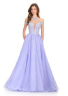 ASHLEYlauren 12393 Gown | Periwinkle dramatic beaded deep plunge cross neck off shoulder strap prom dress with organza ballgown skirt