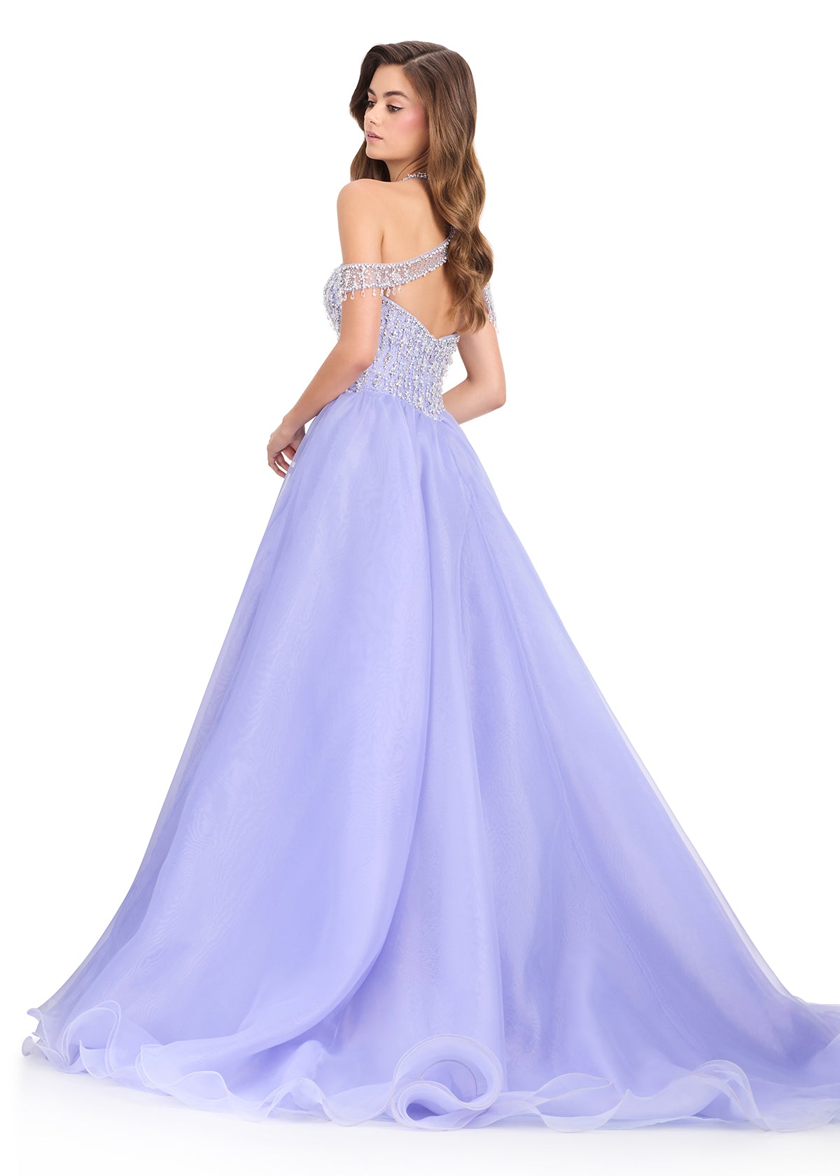 ASHLEYlauren 12393 Gown | Periwinkle beaded deep plunge sweetheart neckline cross neck off shoulder strap prom dress with organza ballgown skirt