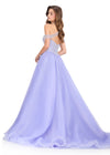 ASHLEYlauren 12393 Gown | Periwinkle beaded deep plunge sweetheart neckline cross neck off shoulder strap prom dress with organza ballgown skirt