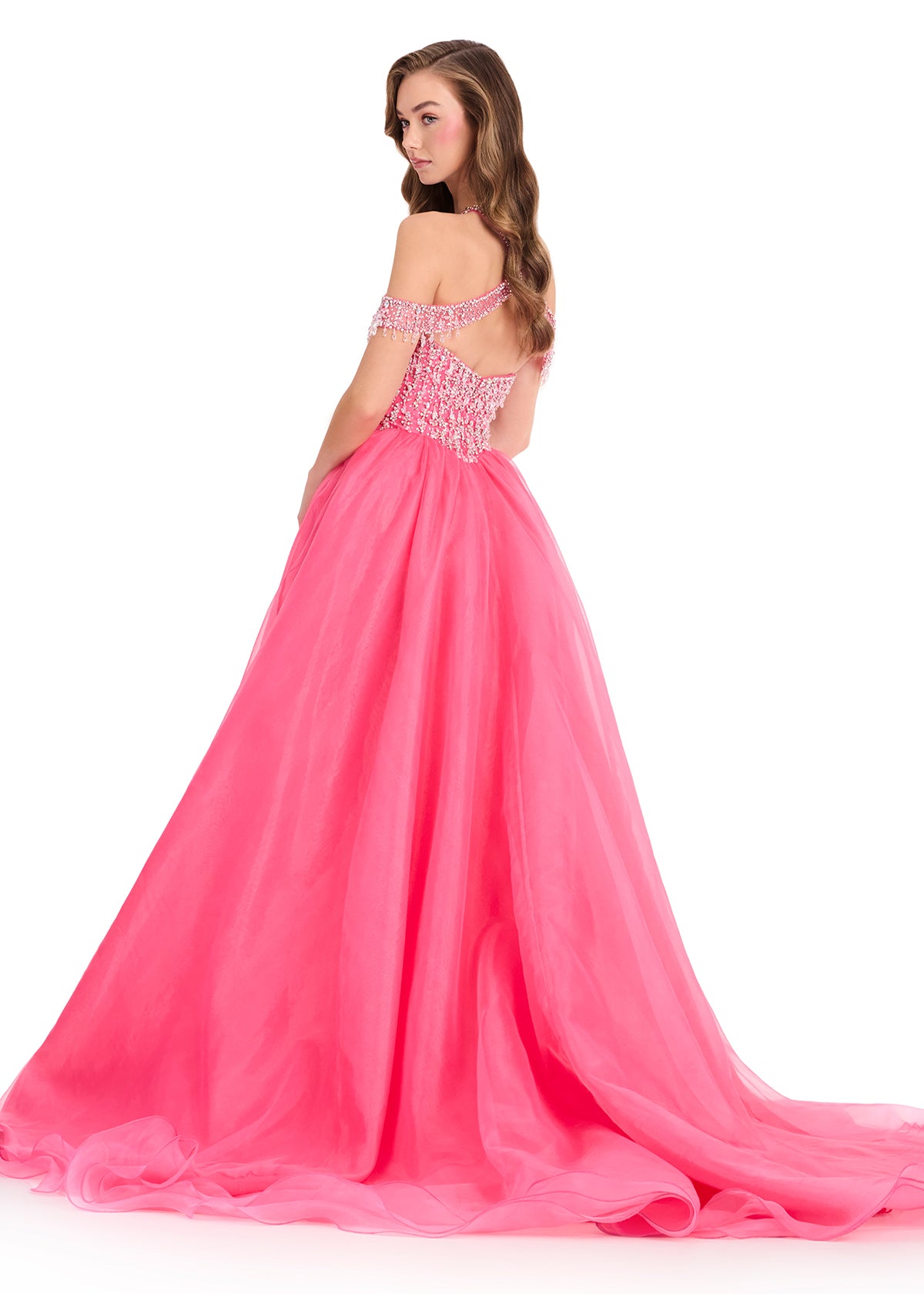 ASHLEYlauren 12393 Gown | Pink beaded deep plunge cross neck off shoulder strap prom dress with dramatic organza ballgown skirt