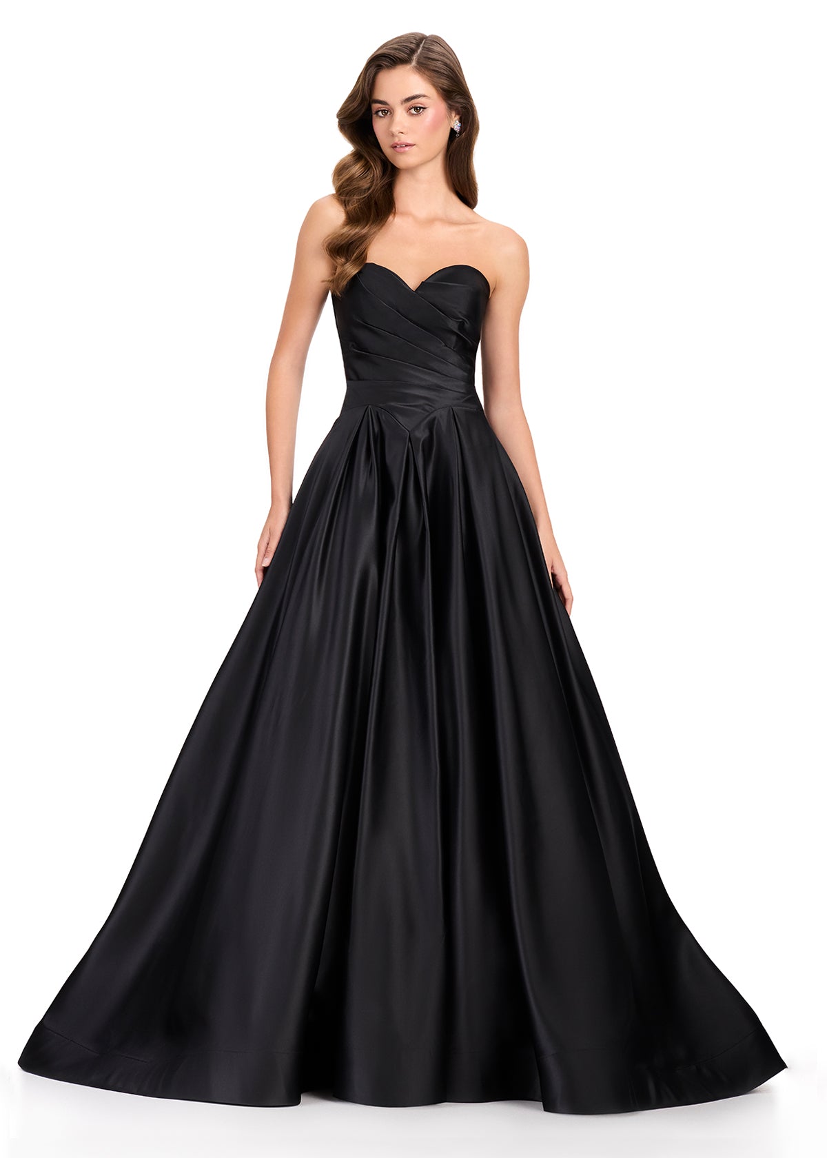 ASHLEYlauren 12394 Gown | Black satin ball gown featuring a draped sweetheart neckline, fitted bodice, and dramatic full skirt with elegant volume
