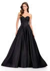 ASHLEYlauren 12394 Gown | Black satin ball gown featuring a draped sweetheart neckline, fitted bodice, and dramatic full skirt with elegant volume