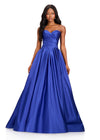 ASHLEYlauren 12394 Gown | Bold Royal satin formal gown designed with a strapless bodice, sweetheart neckline, and full flowing skirt with dramatic structure