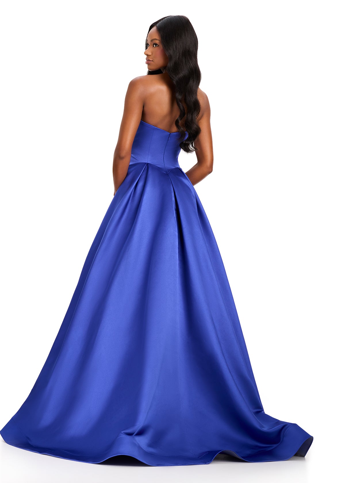 ASHLEYlauren 12394 Gown | Elegant Royal satin gown featuring a clean strapless back, flattering fitted silhouette, and voluminous skirt with soft train detail