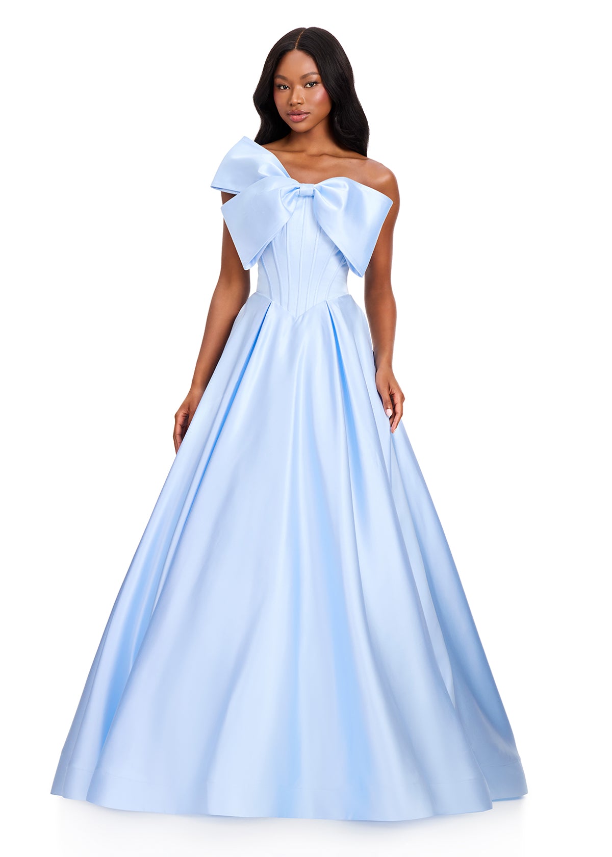 ASHLEYlauren 12395 Gown | Ice Blue satin ball gown featuring a dramatic oversized bow neckline, corset-inspired bodice, and voluminous skirt for a striking statement look